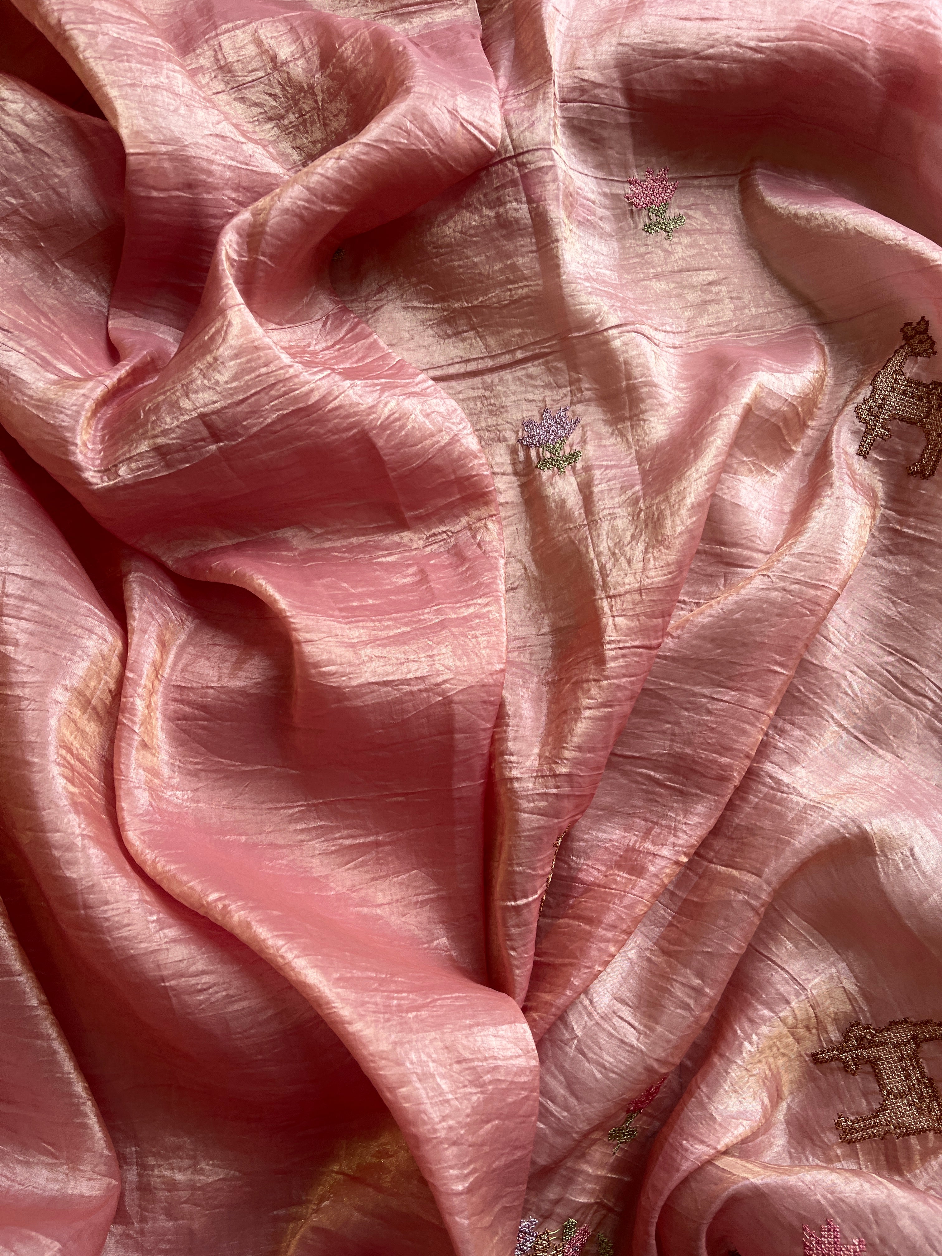 Peach Crushed Tissue saree