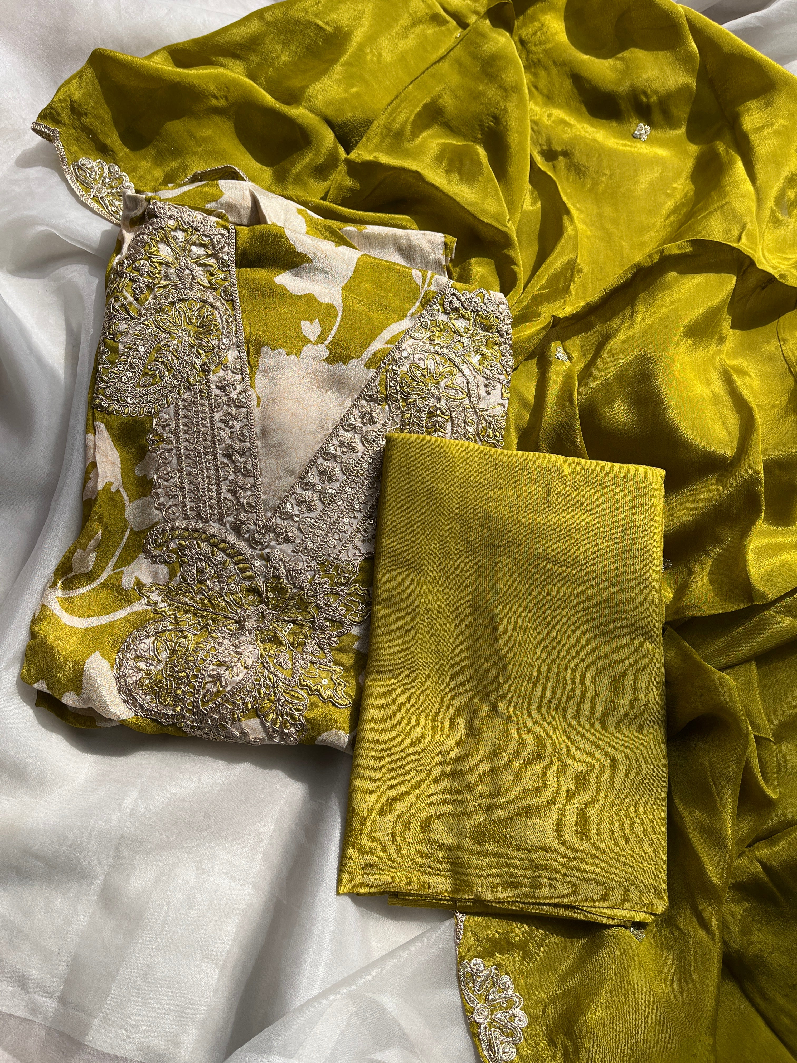 Green Tissue  with Silk DupattaSemi stitched salwar set