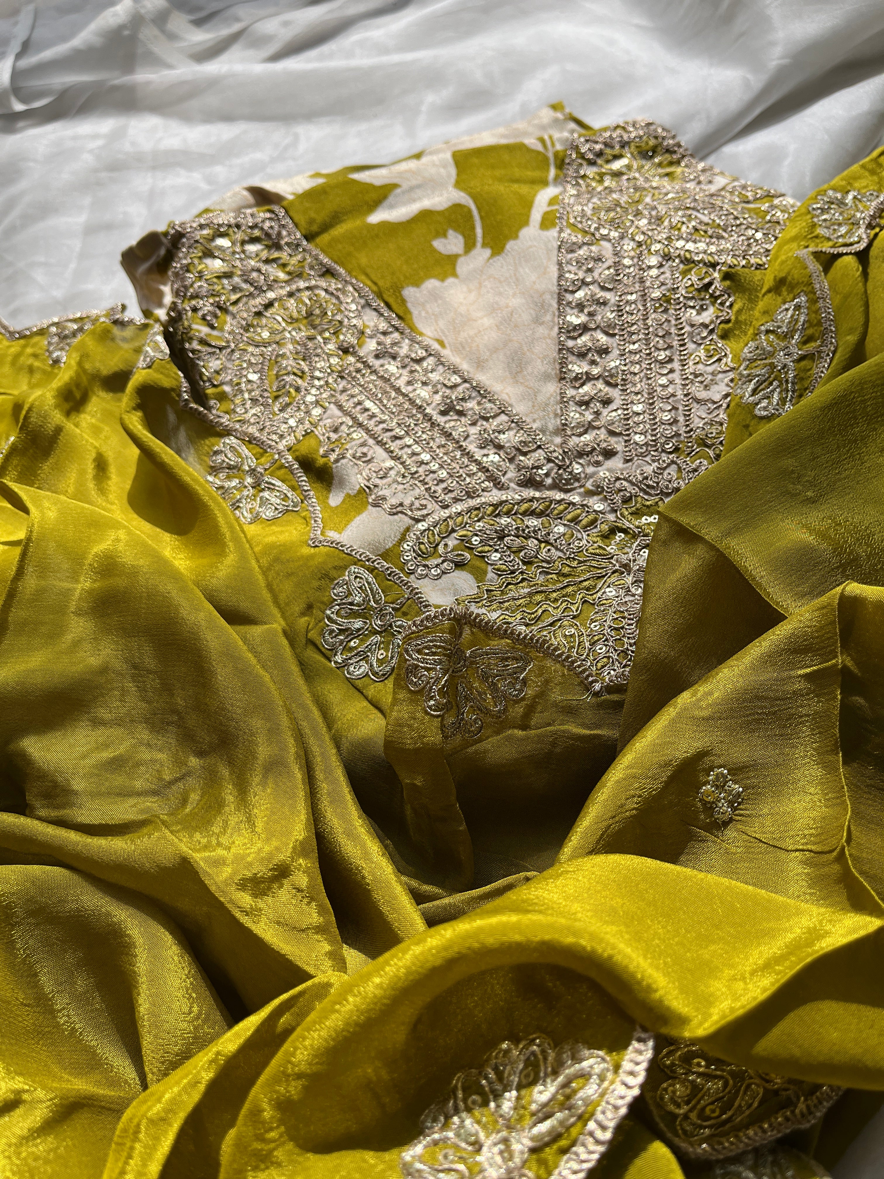 Green Tissue  with Silk DupattaSemi stitched salwar set