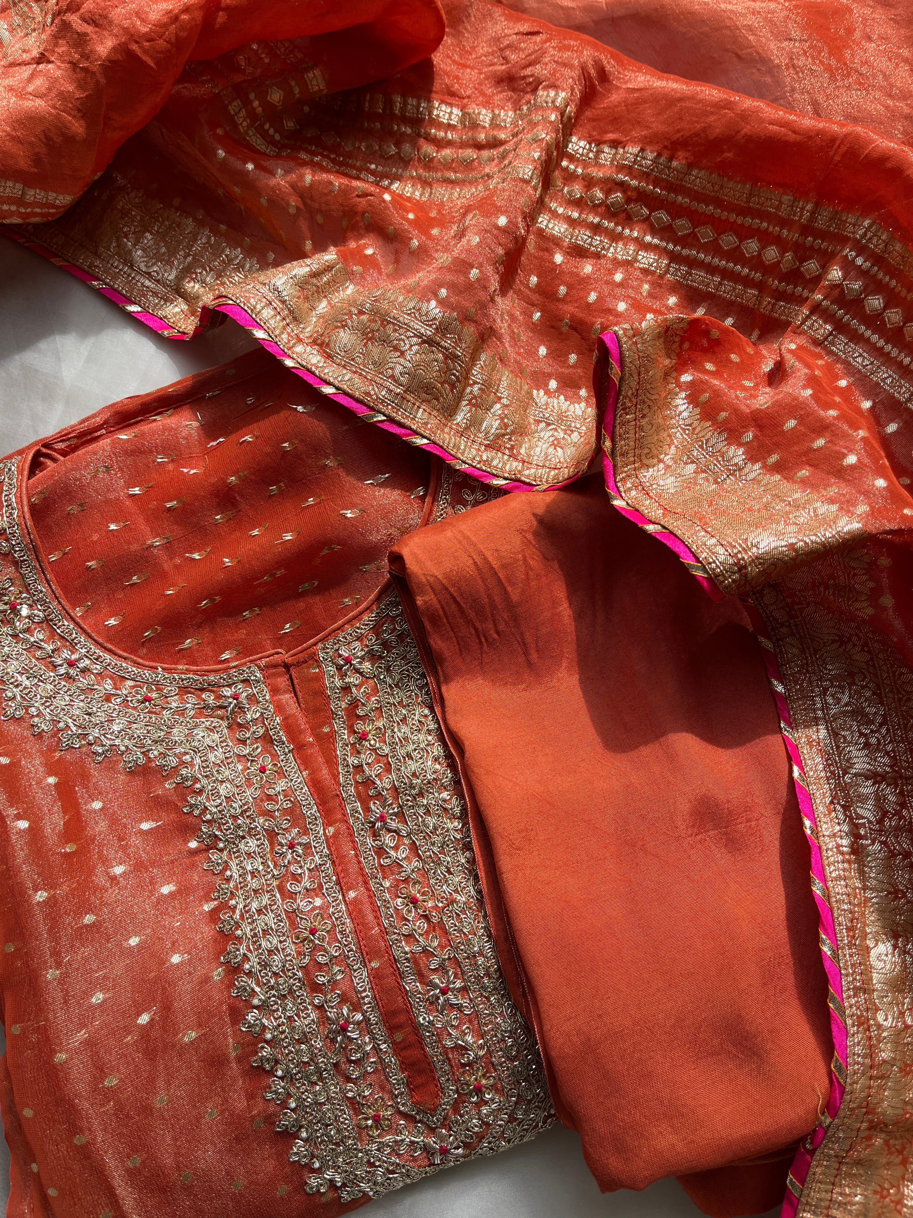 Orange & Mustard Gold Tissue Salwar Set