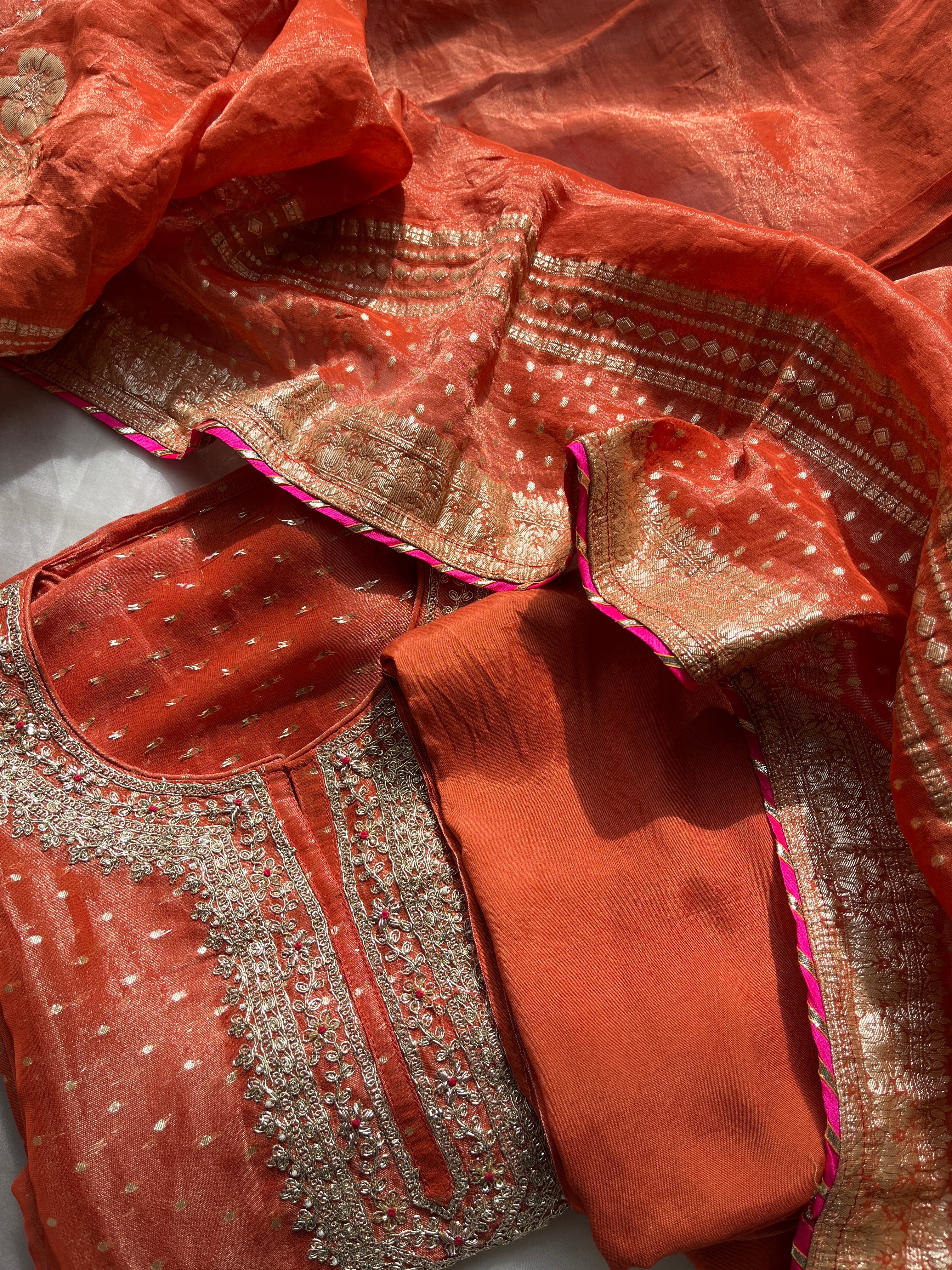 Orange & Mustard Gold Tissue Salwar Set