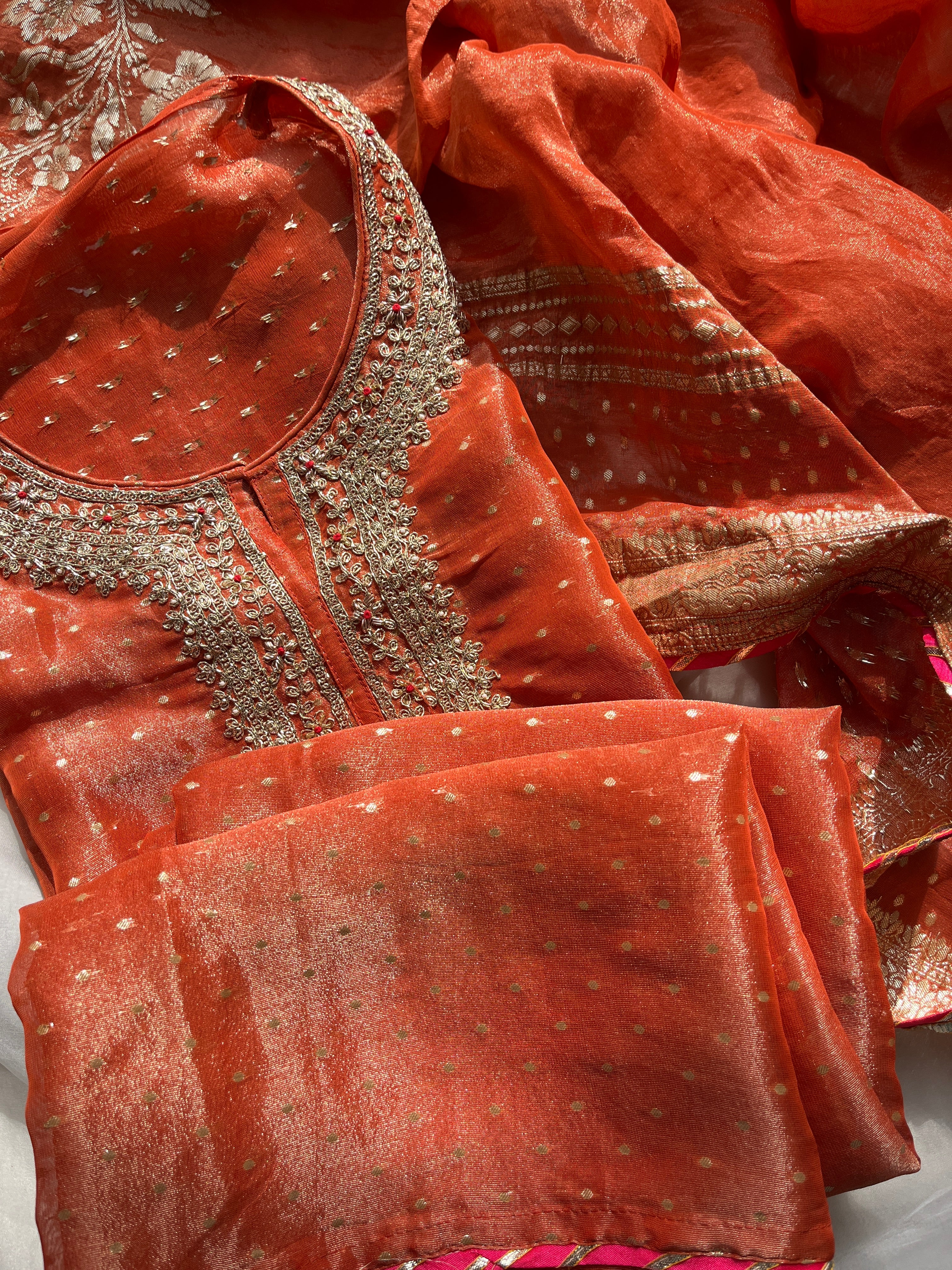 Orange & Mustard Gold Tissue Salwar Set