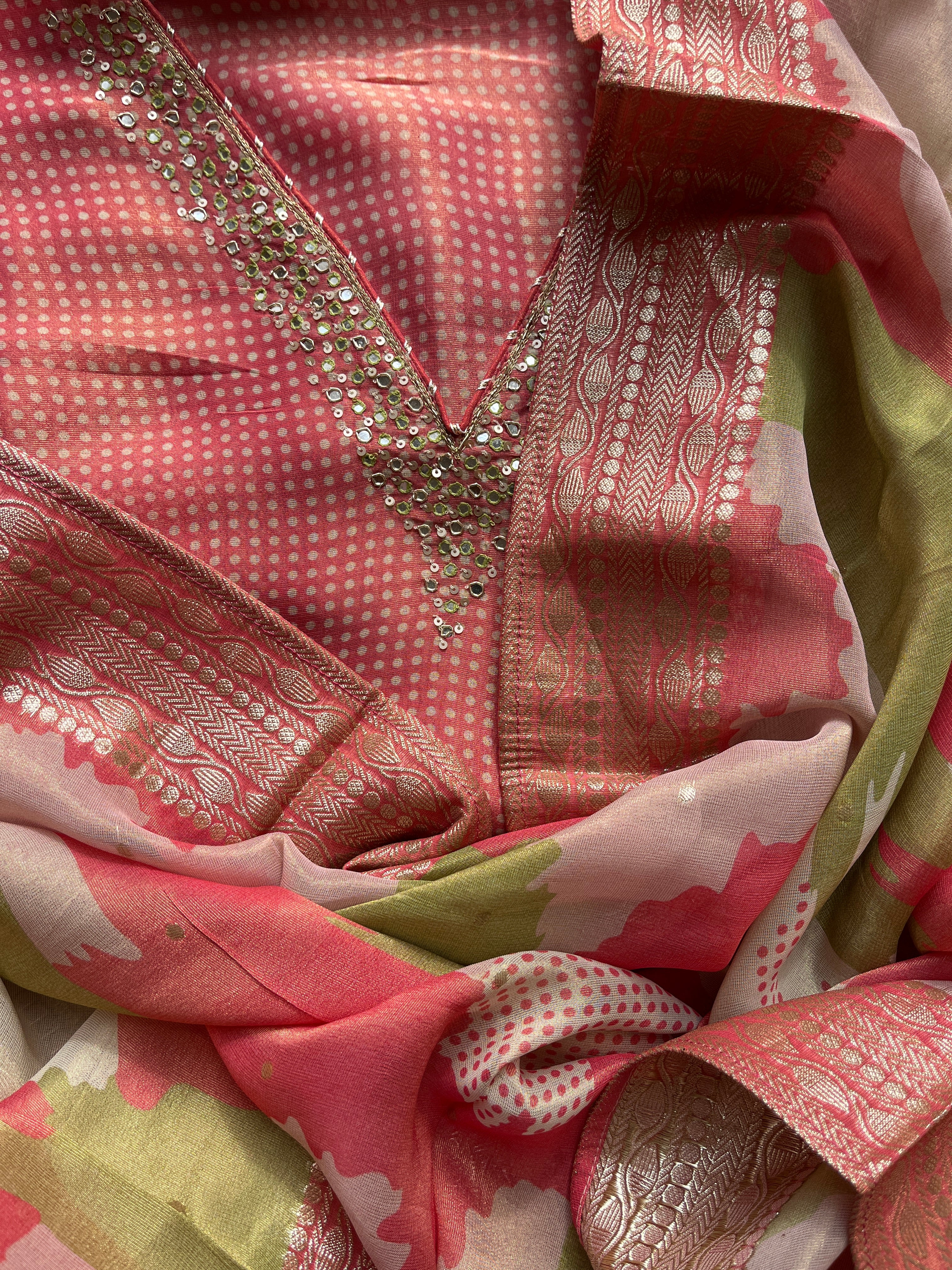 Peach organza Semi stitched salwar set