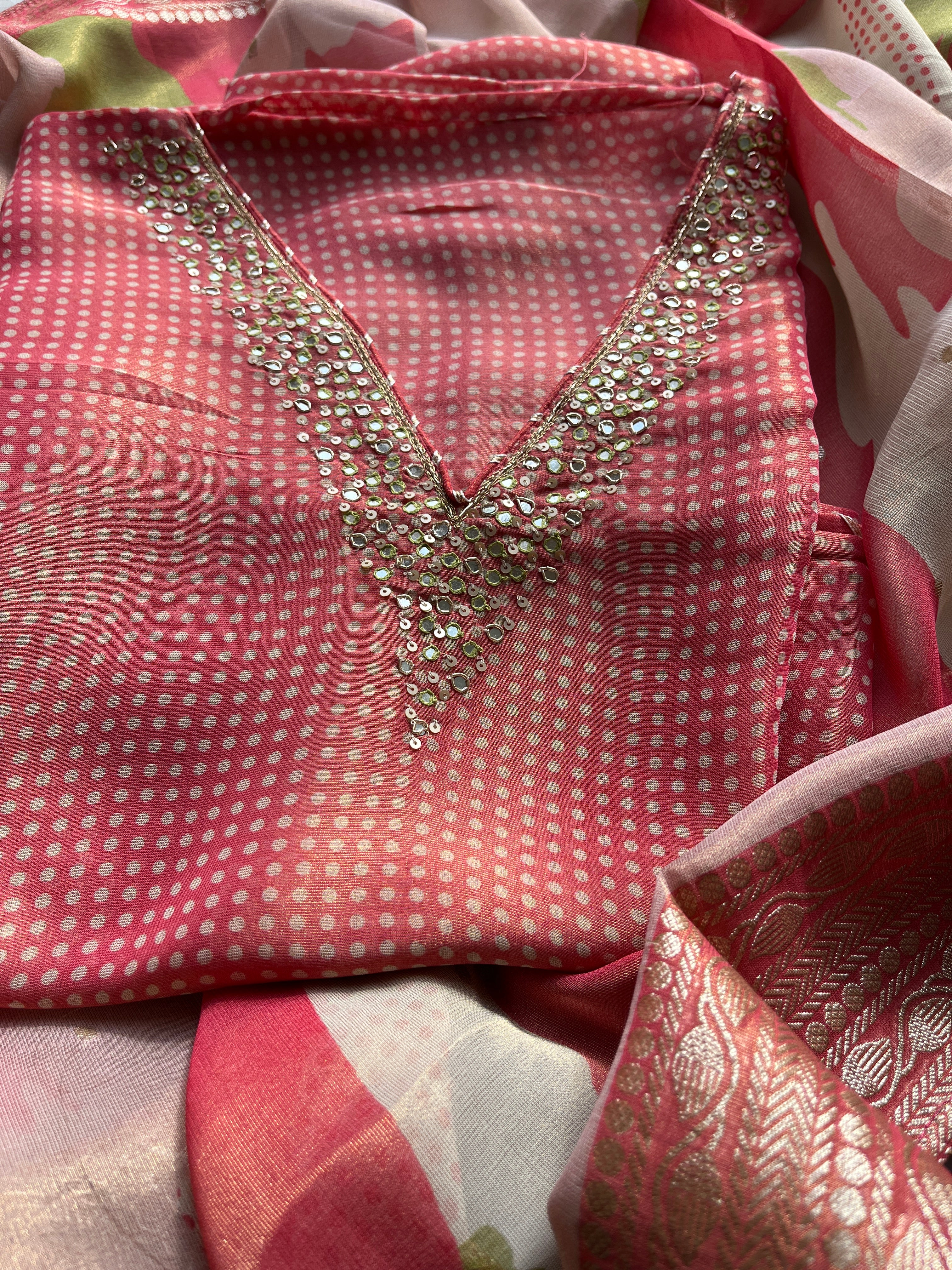 Peach organza Semi stitched salwar set