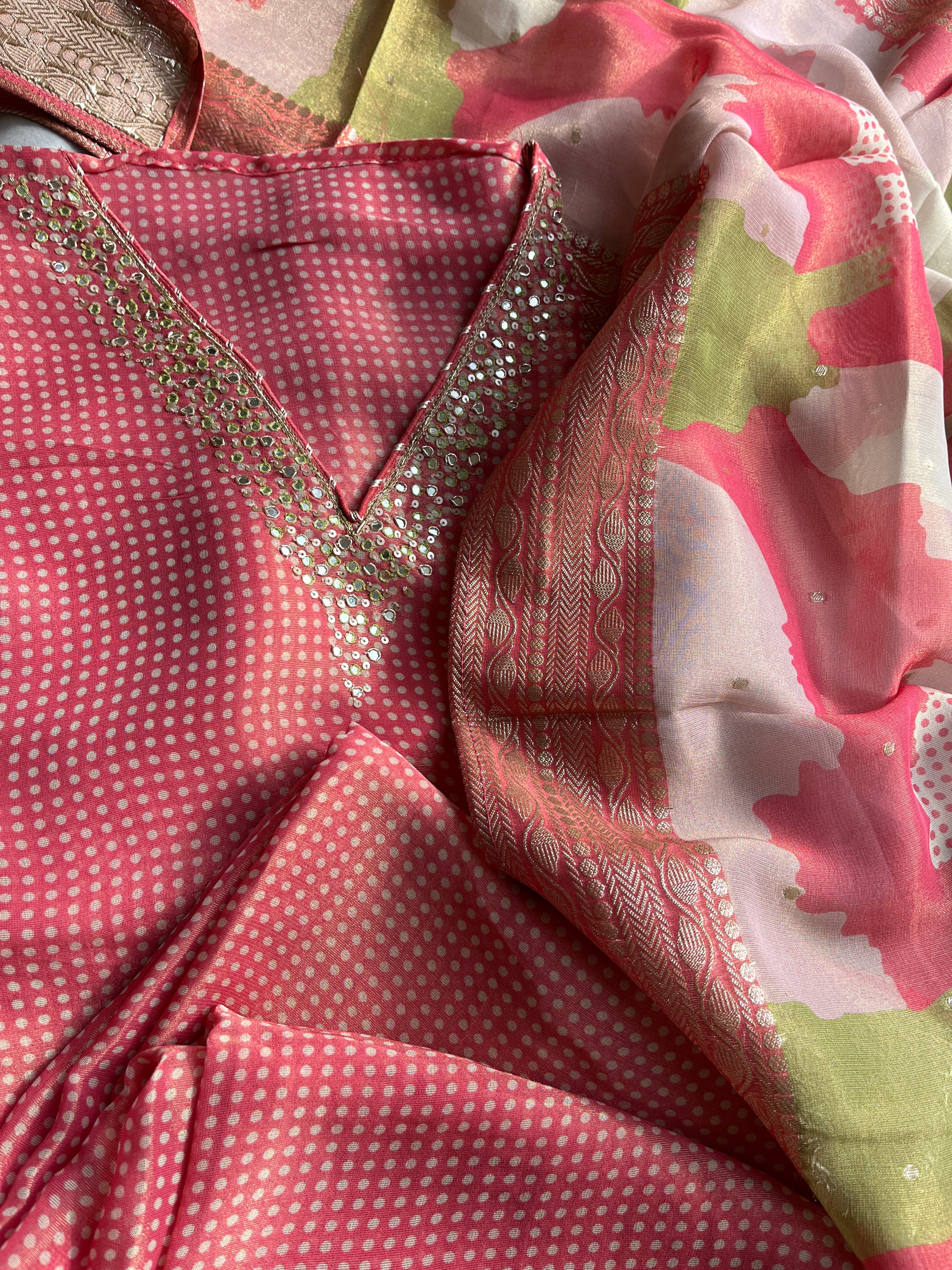 Peach organza Semi stitched salwar set