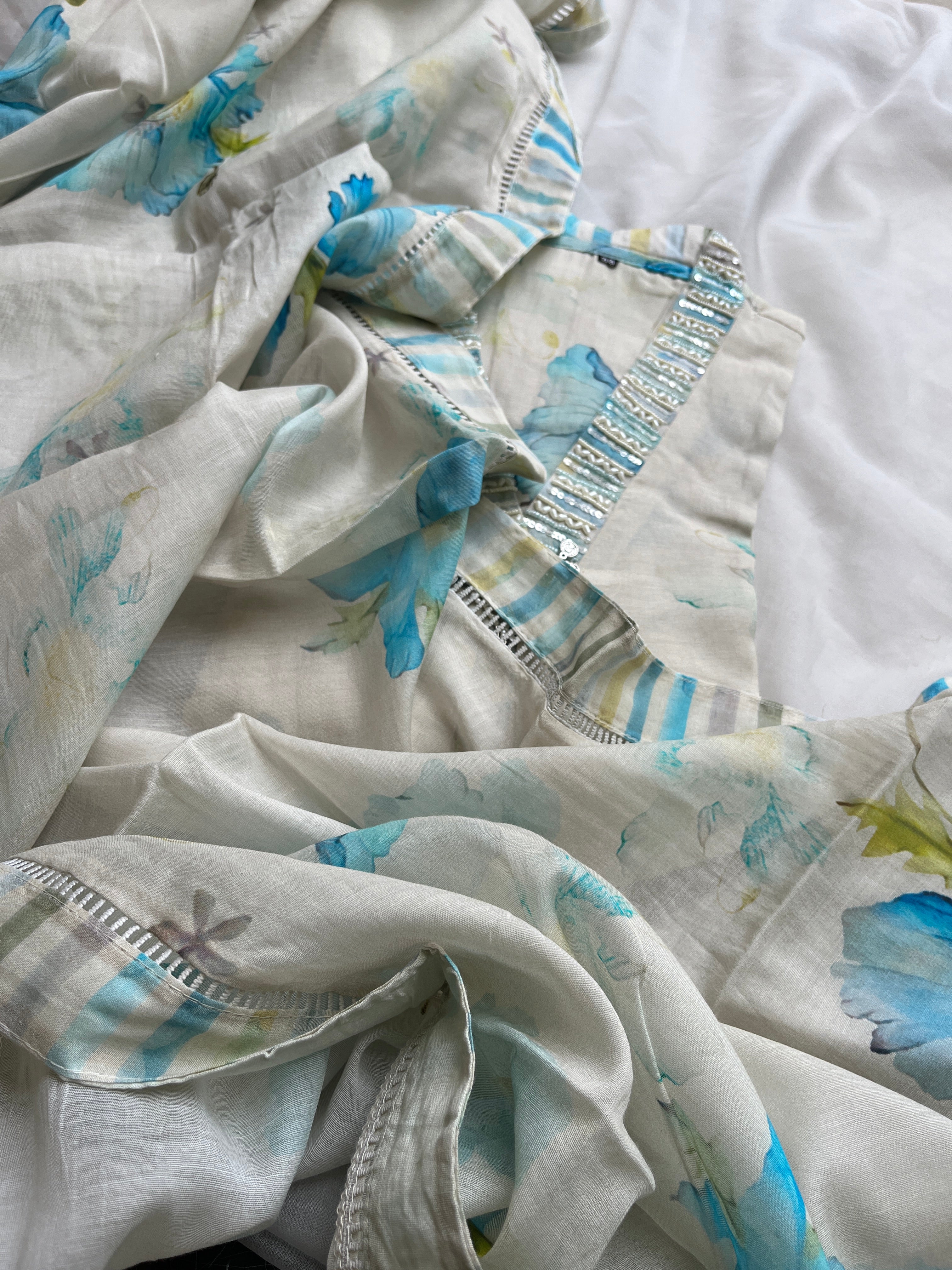 White with blue Floral Chanderi Fully stitched salwar set