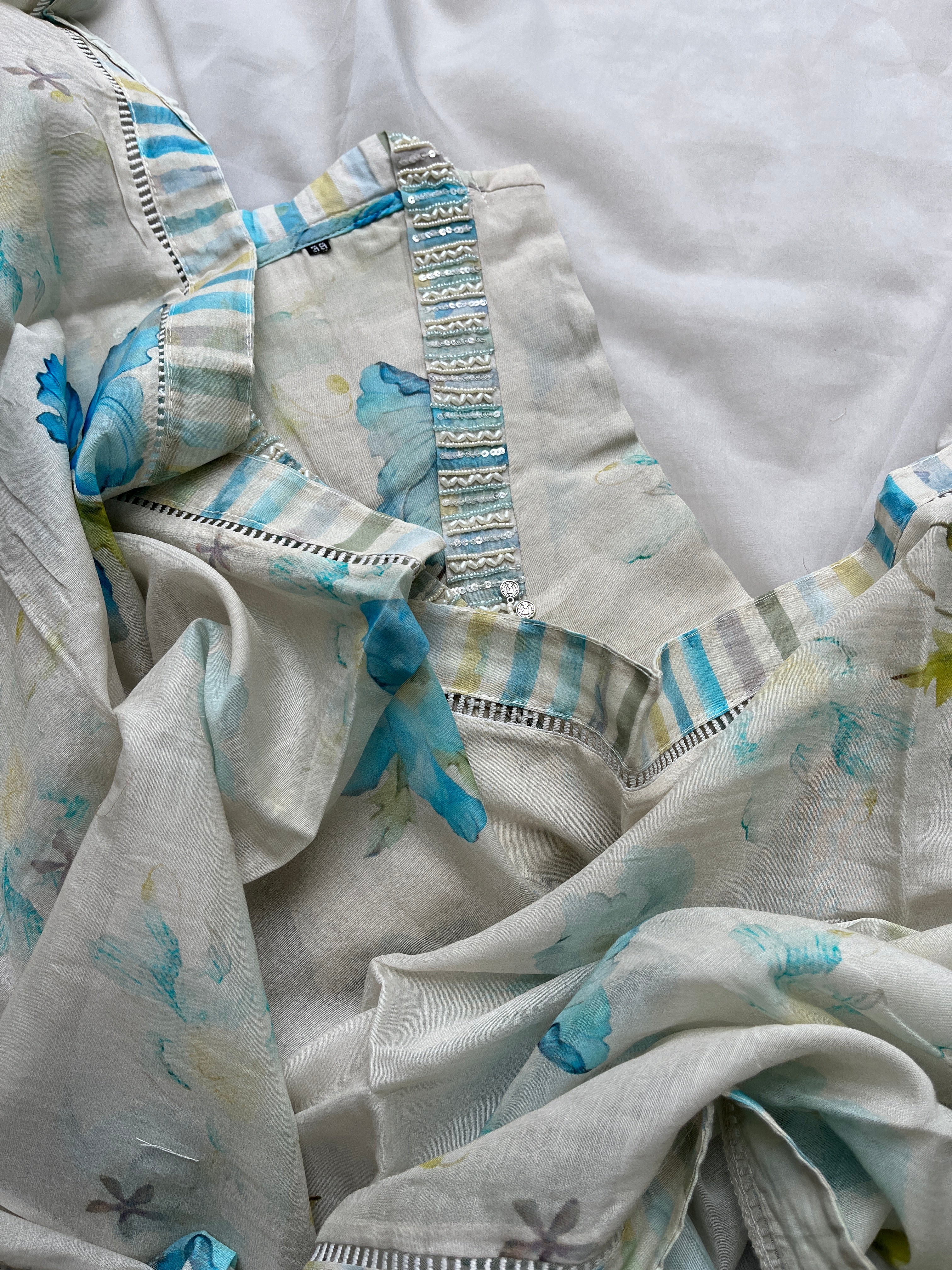 White with blue Floral Chanderi Fully stitched salwar set