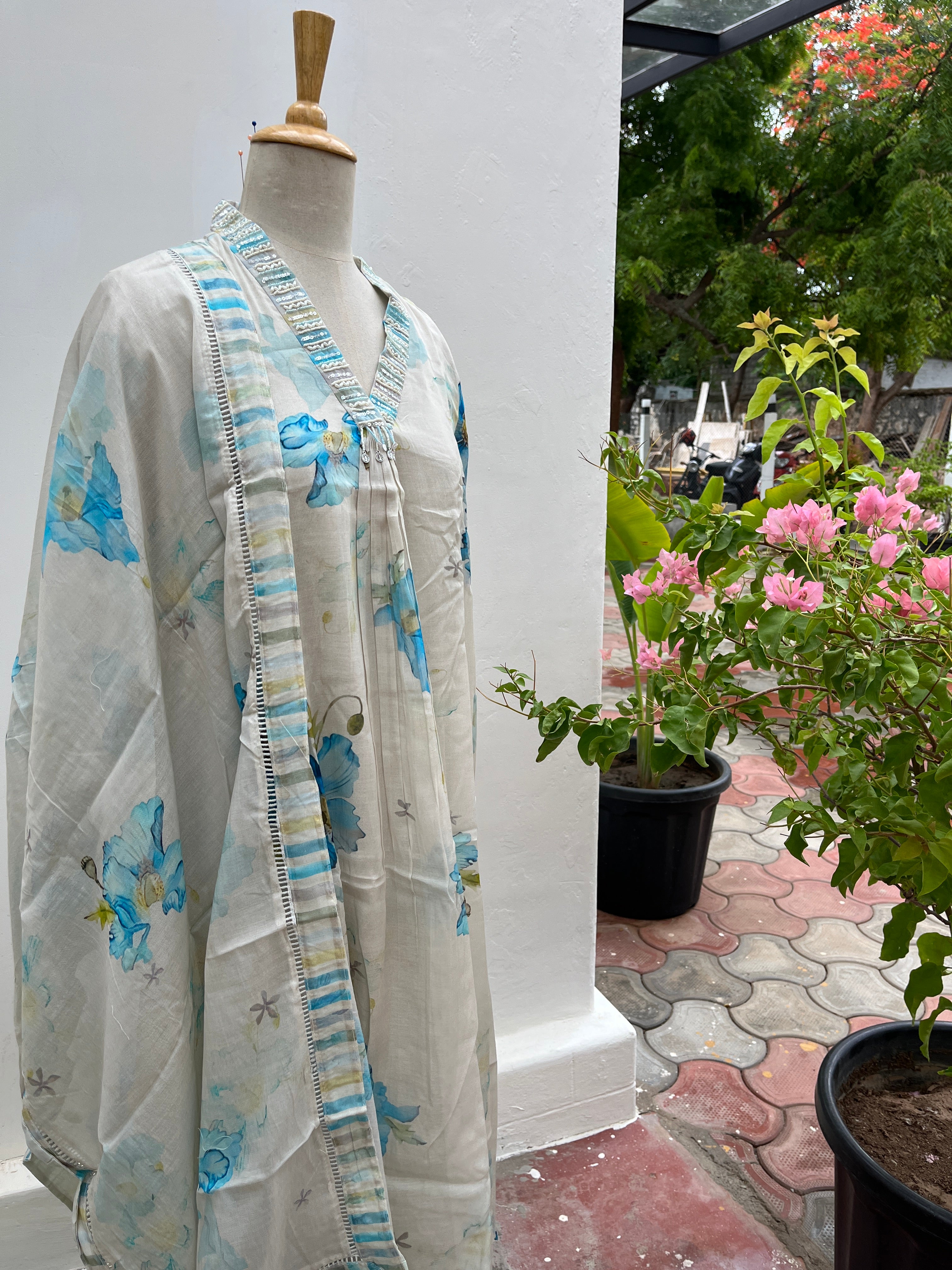 White with blue Floral Chanderi Fully stitched salwar set