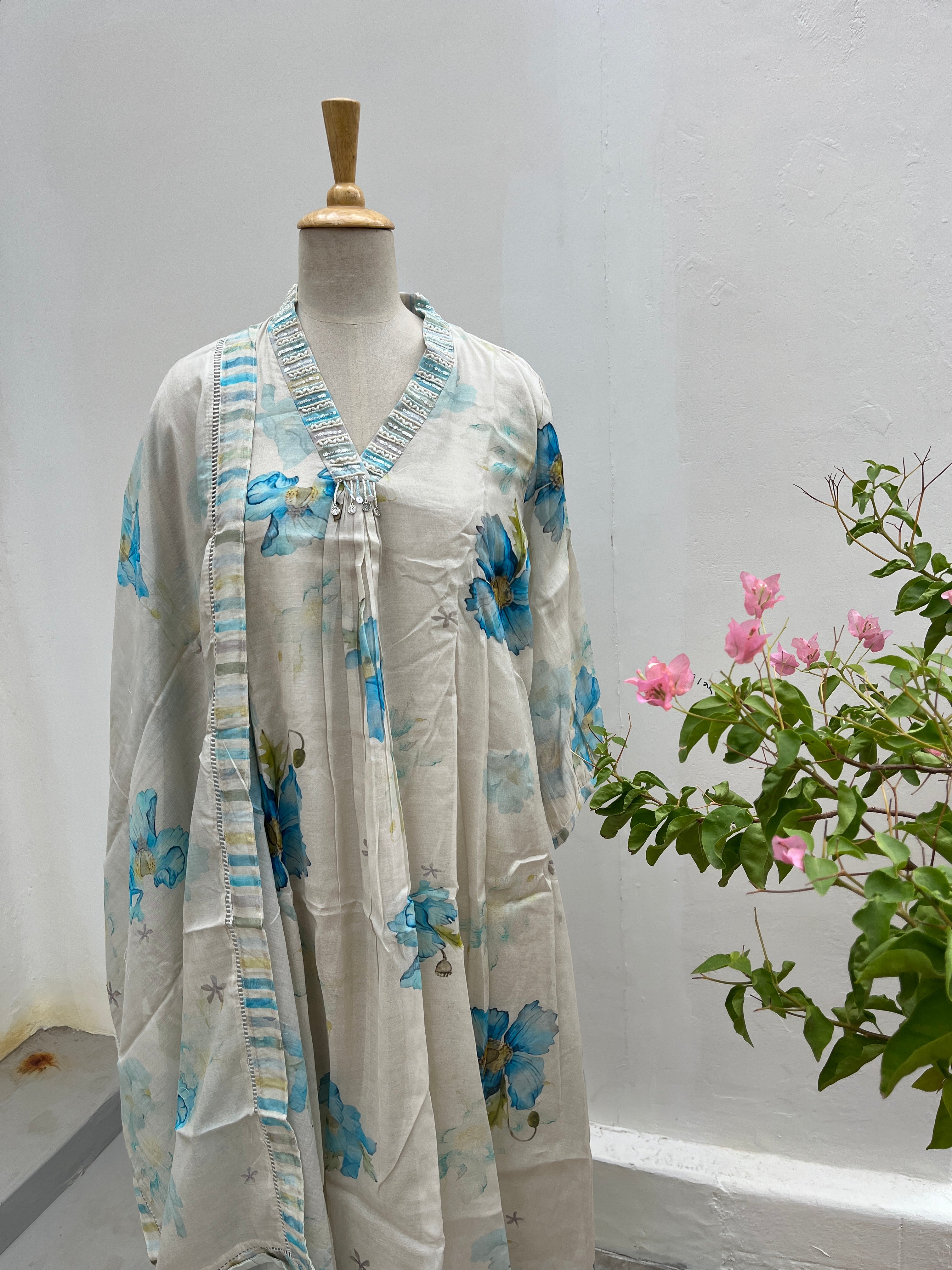 White with blue Floral Chanderi Fully stitched salwar set