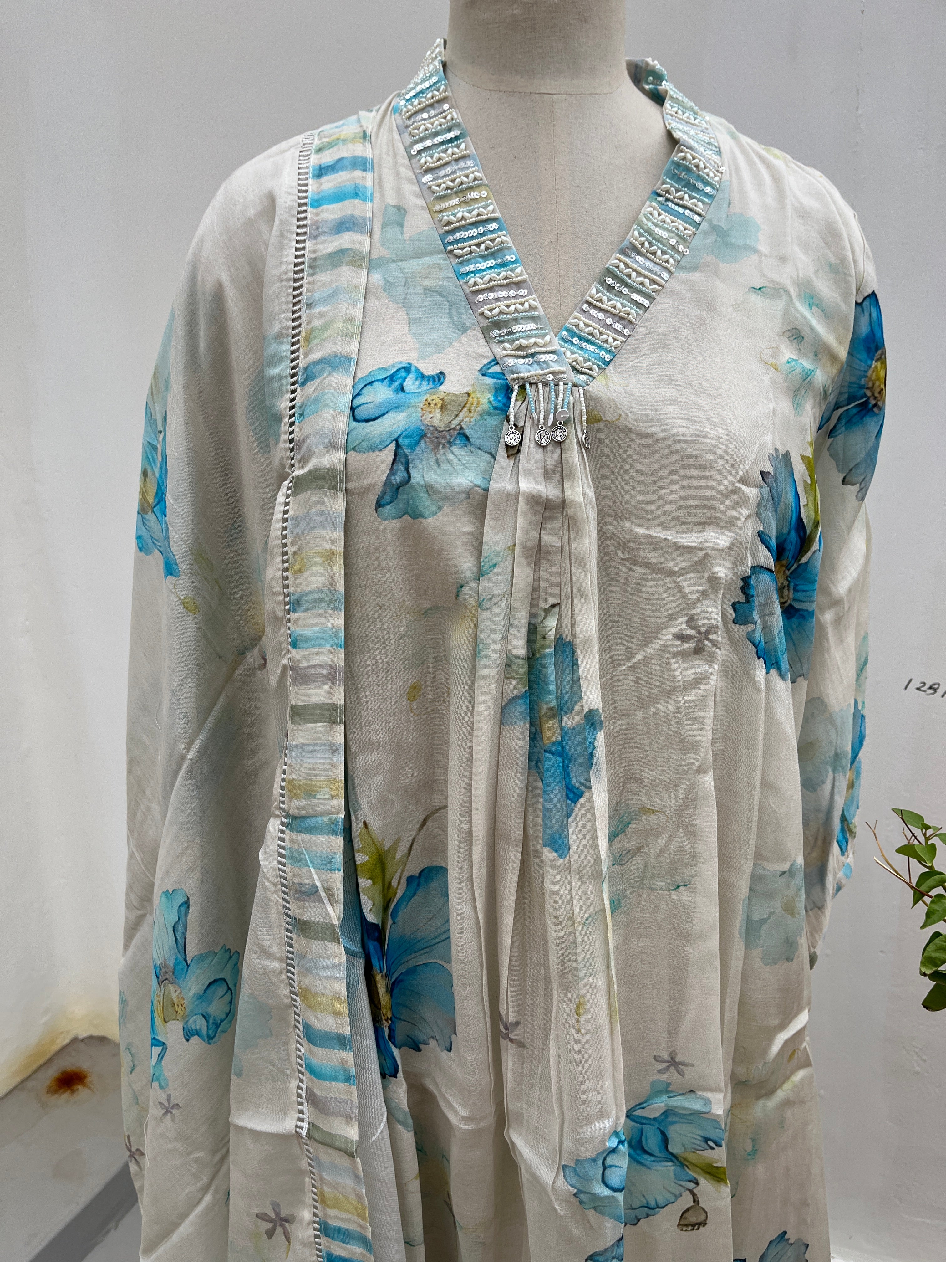 White with blue Floral Chanderi Fully stitched salwar set