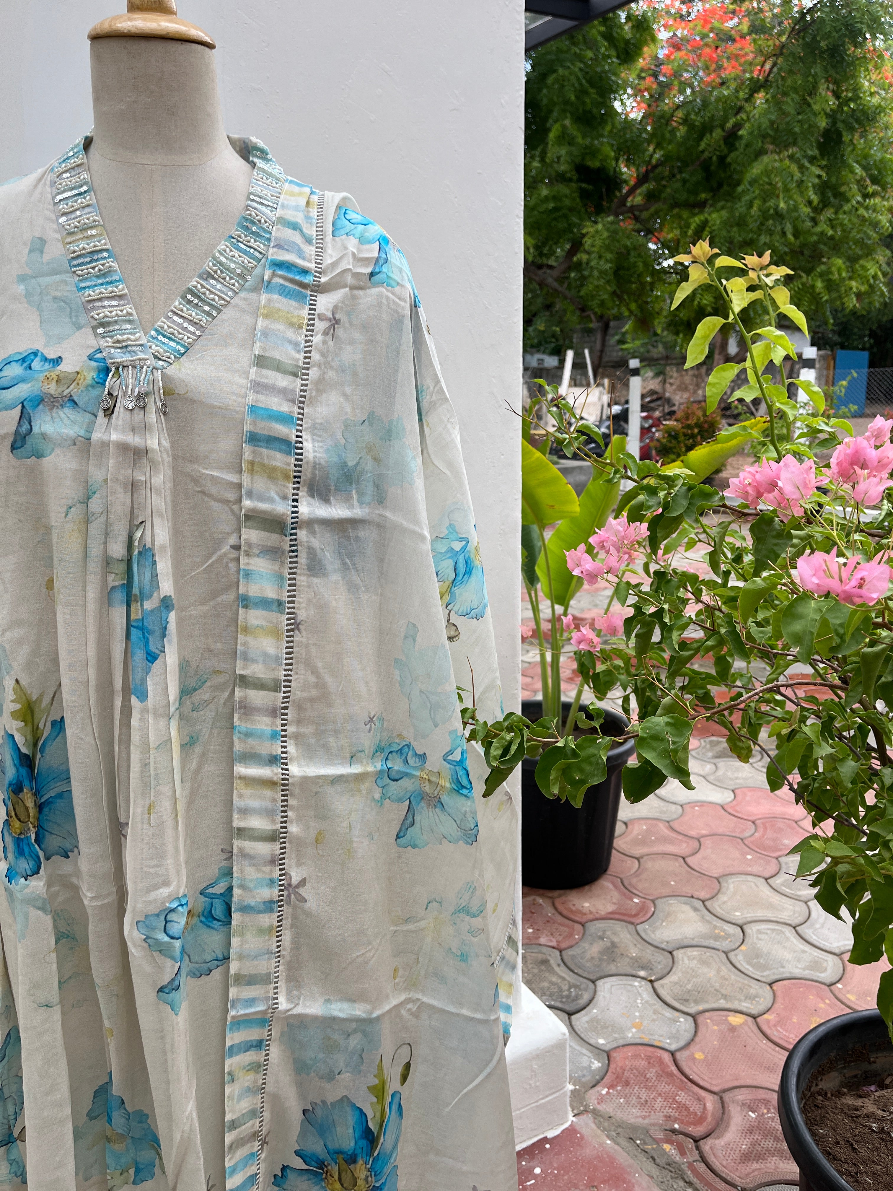 White with blue Floral Chanderi Fully stitched salwar set