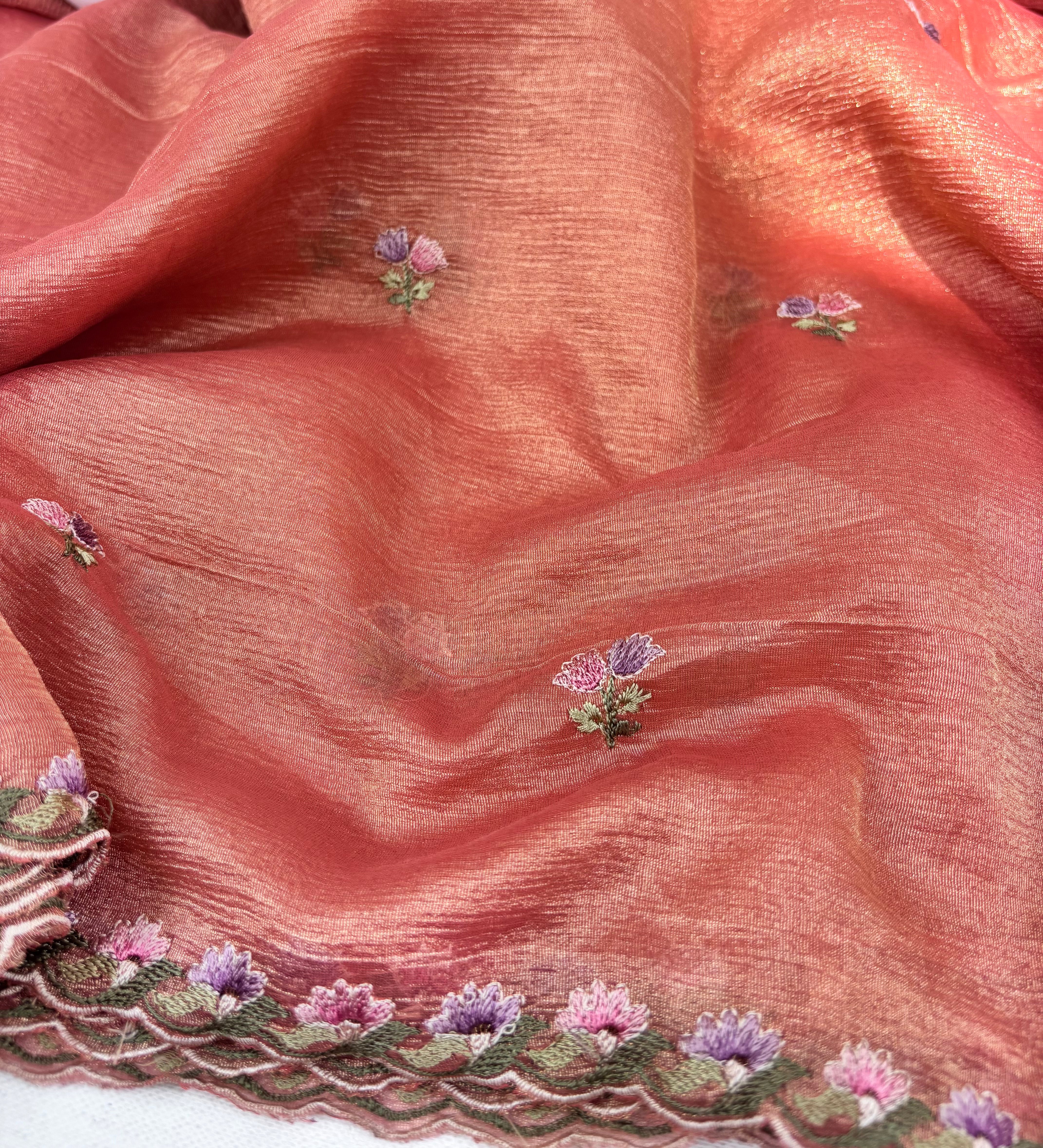 Orange Floral Crushed Tissue Organza Saree