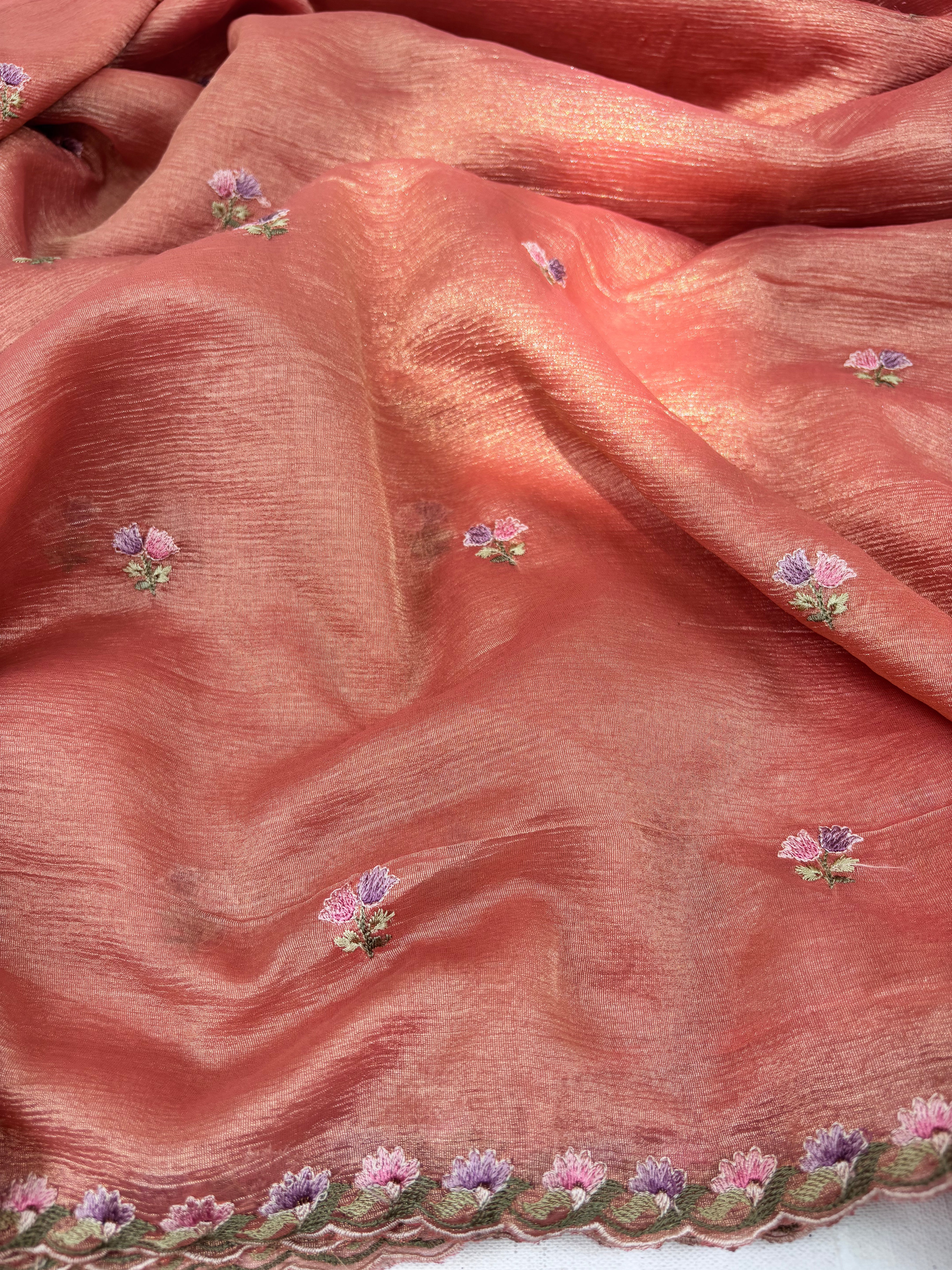 Orange Floral Crushed Tissue Organza Saree