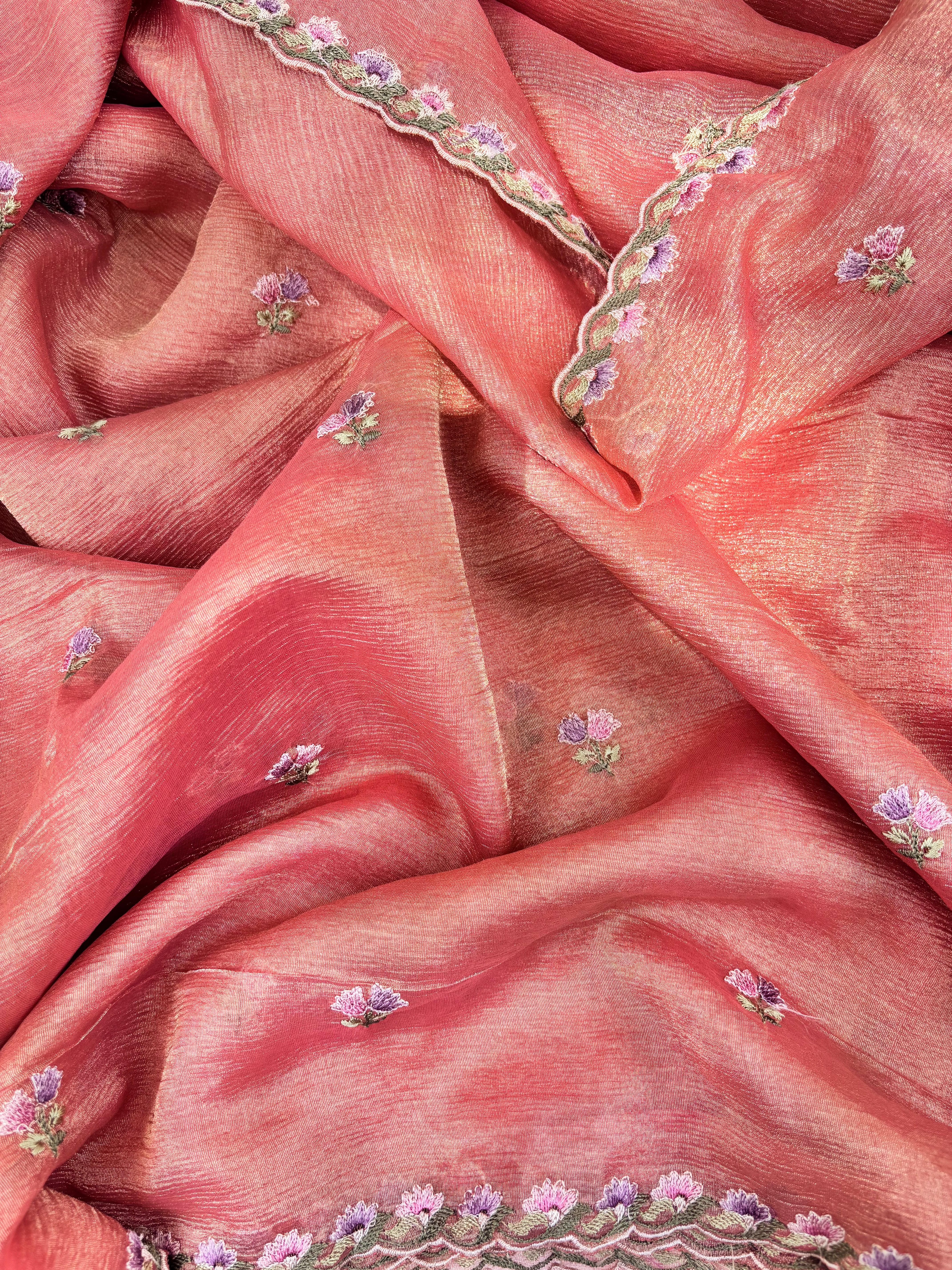 Orange Floral Crushed Tissue Organza Saree