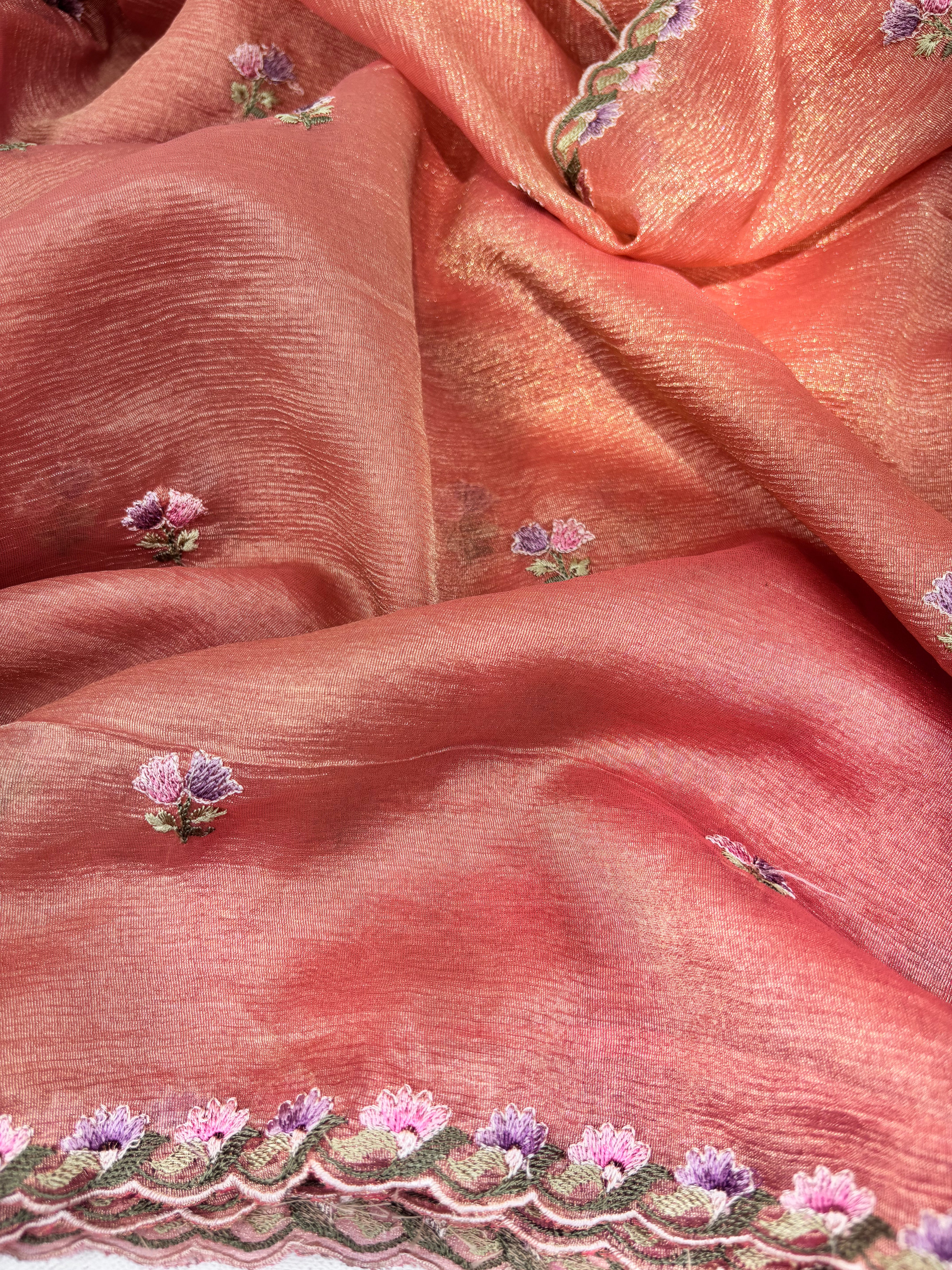 Orange Floral Crushed Tissue Organza Saree