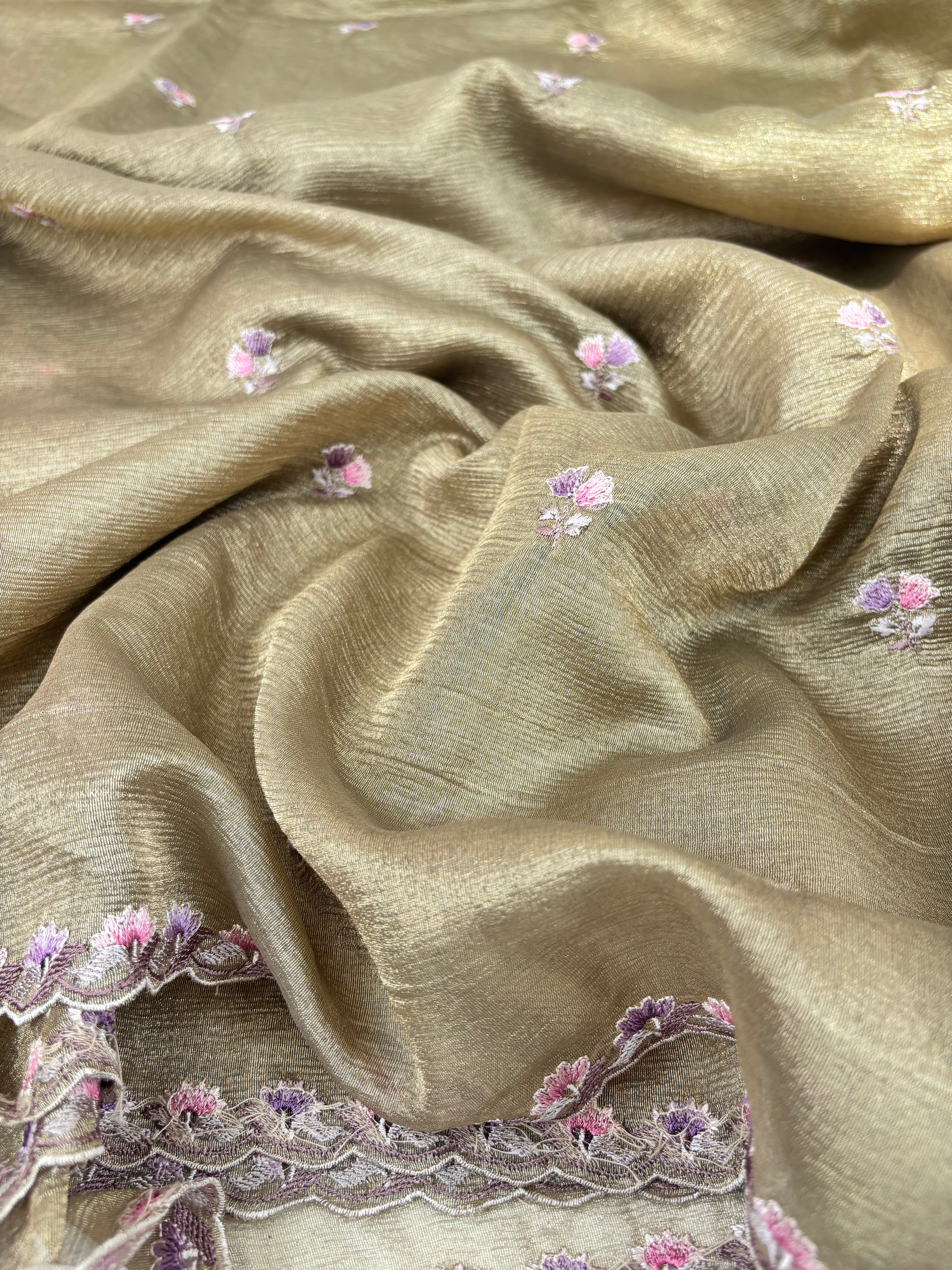 Green Floral Crushed Tissue Organza Saree