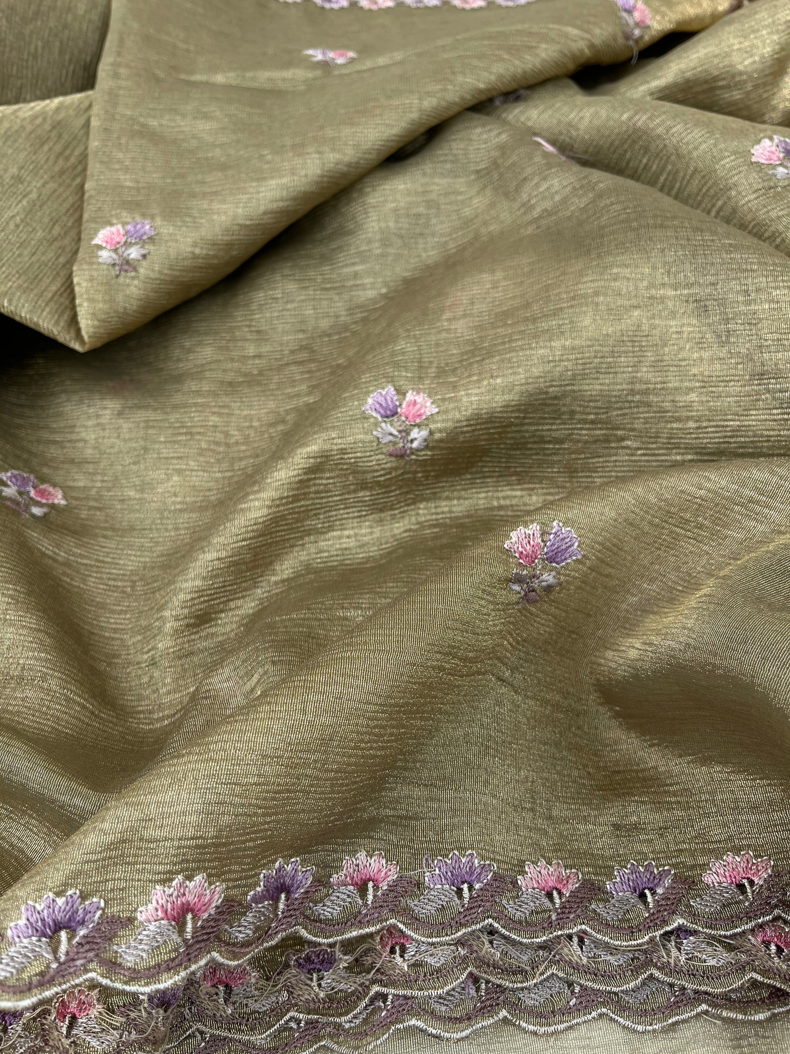 Green Floral Crushed Tissue Organza Saree