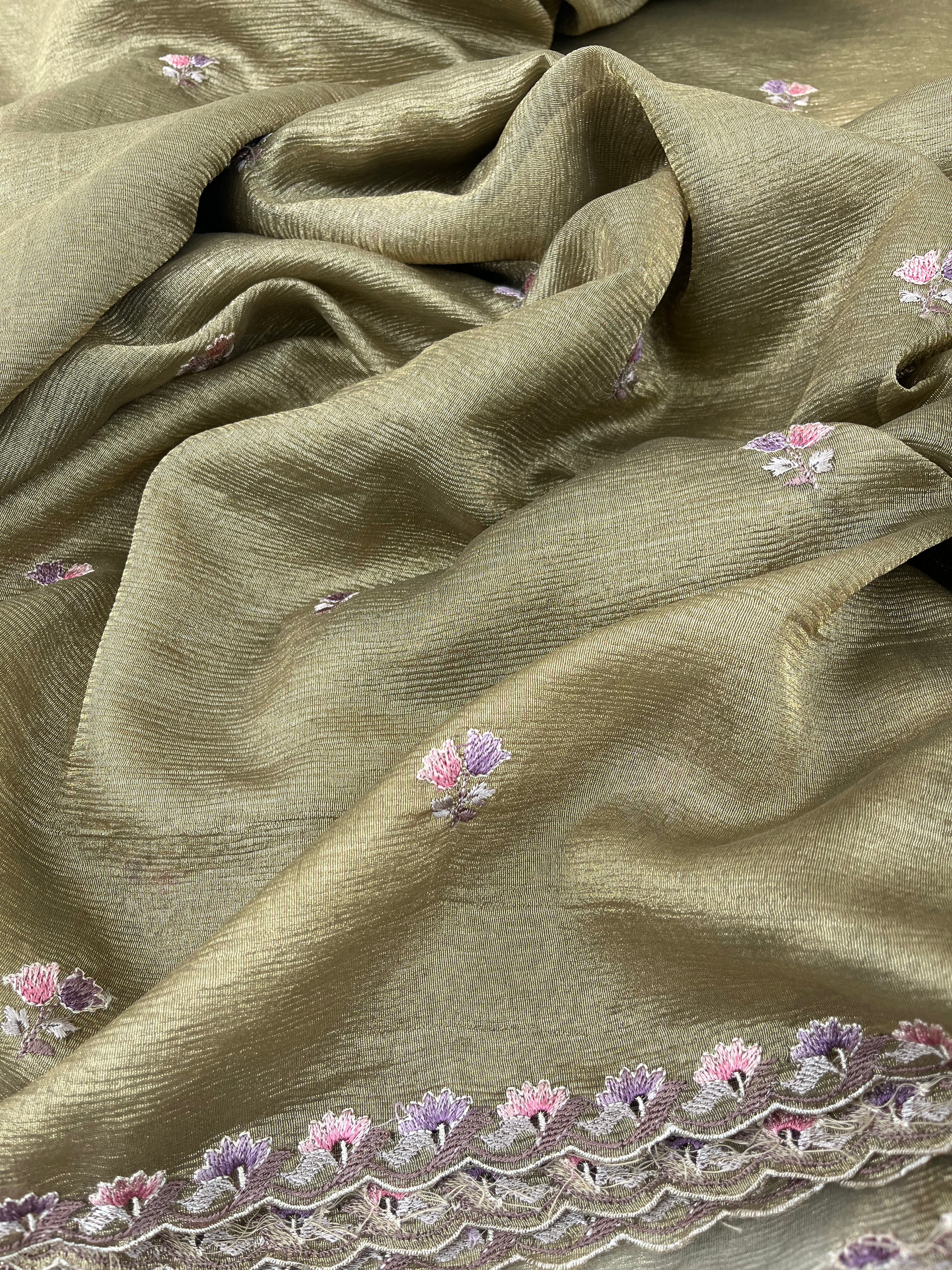 Green Floral Crushed Tissue Organza Saree