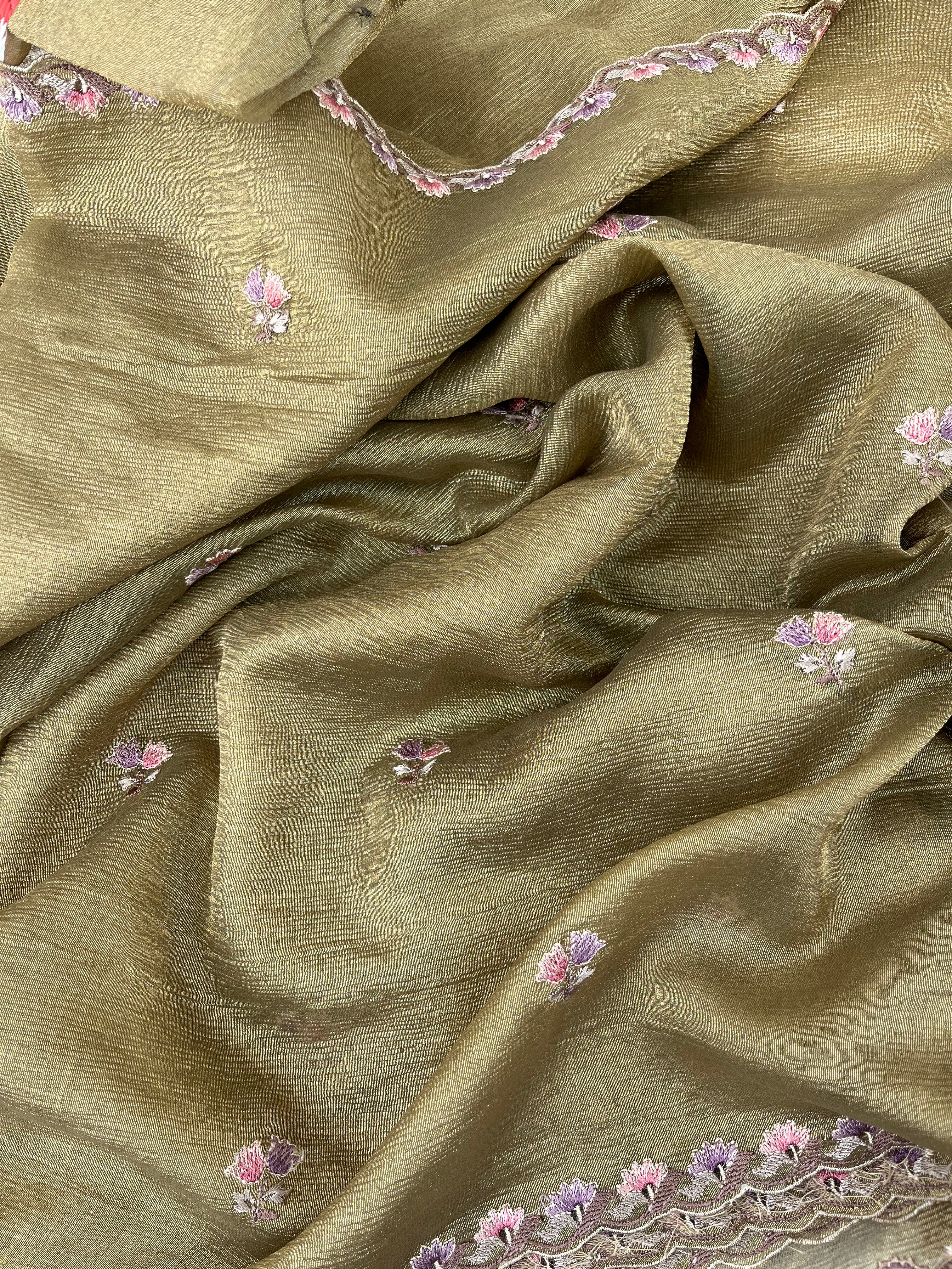 Green Floral Crushed Tissue Organza Saree