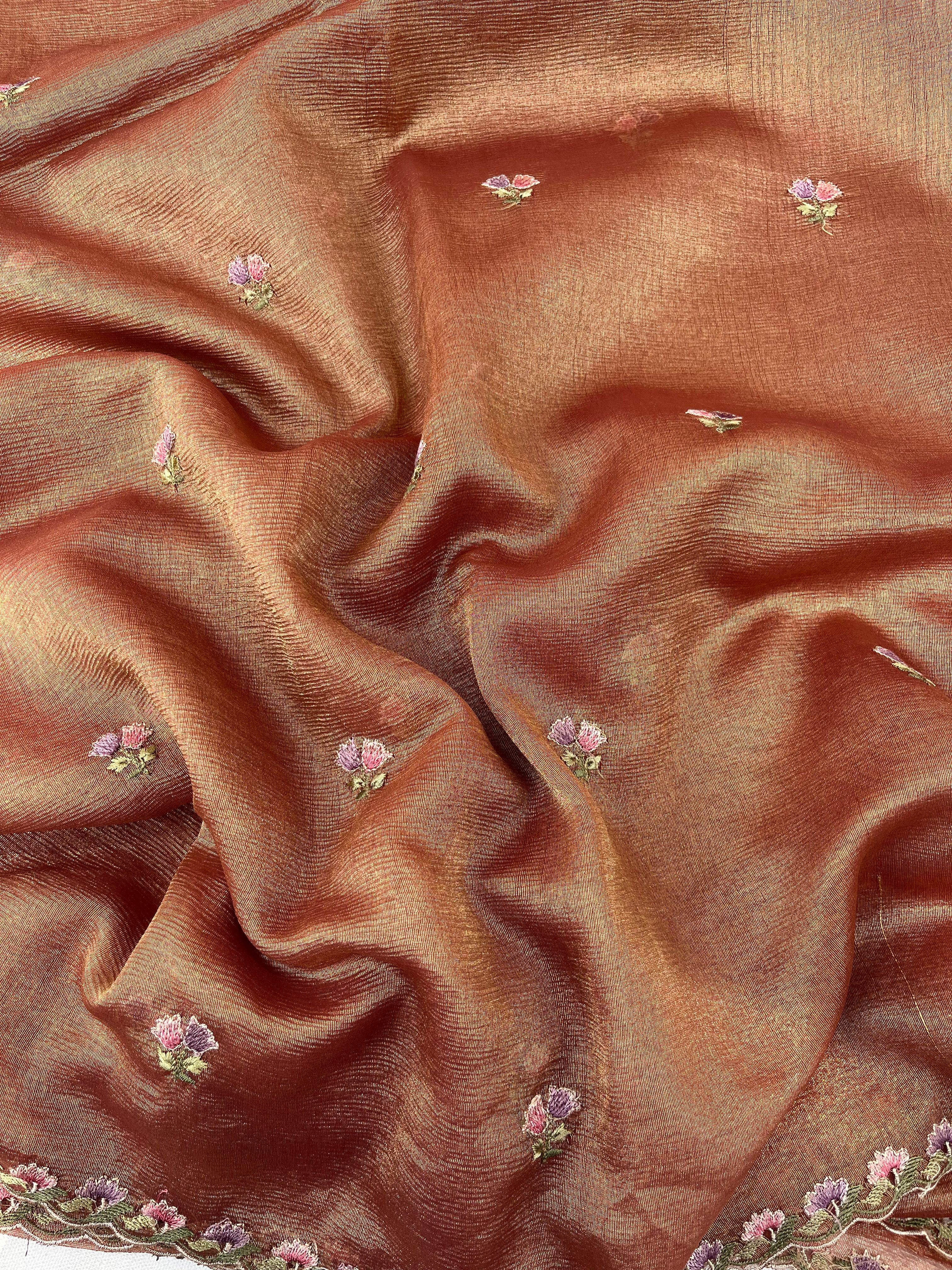 Brown Floral Crushed Tissue Organza Saree