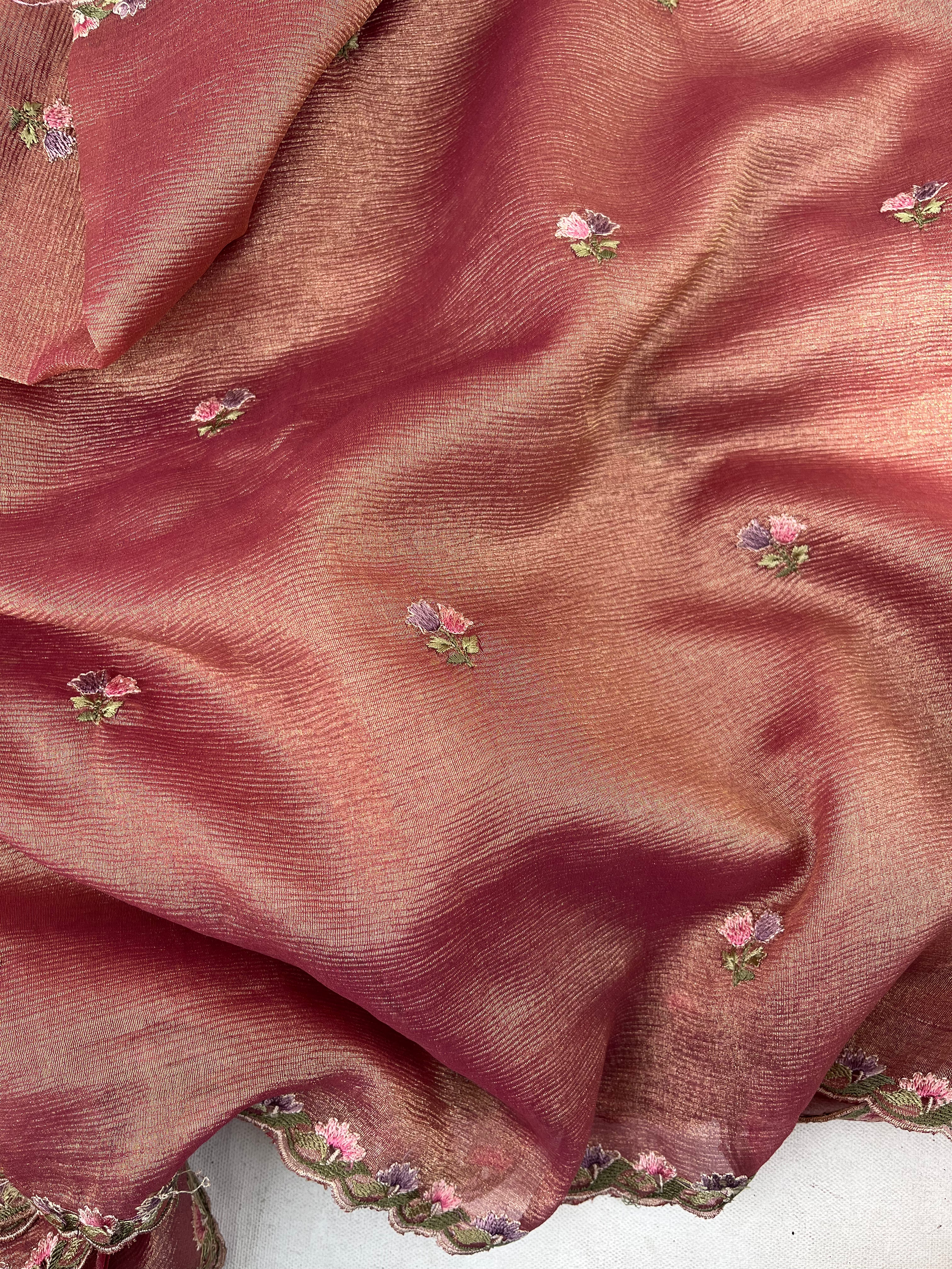 Pink Floral Crushed Tissue Organza Saree