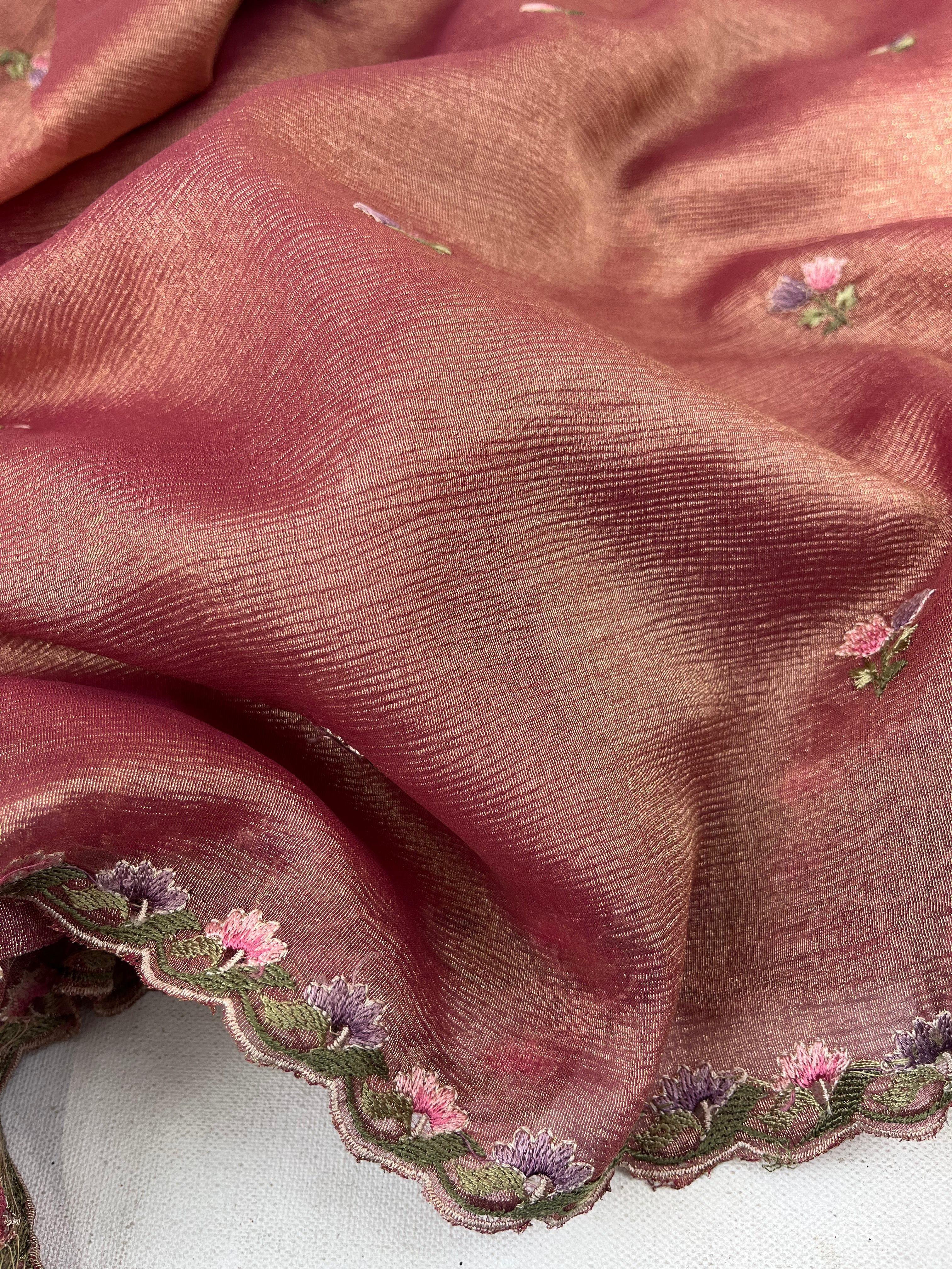 Pink Floral Crushed Tissue Organza Saree