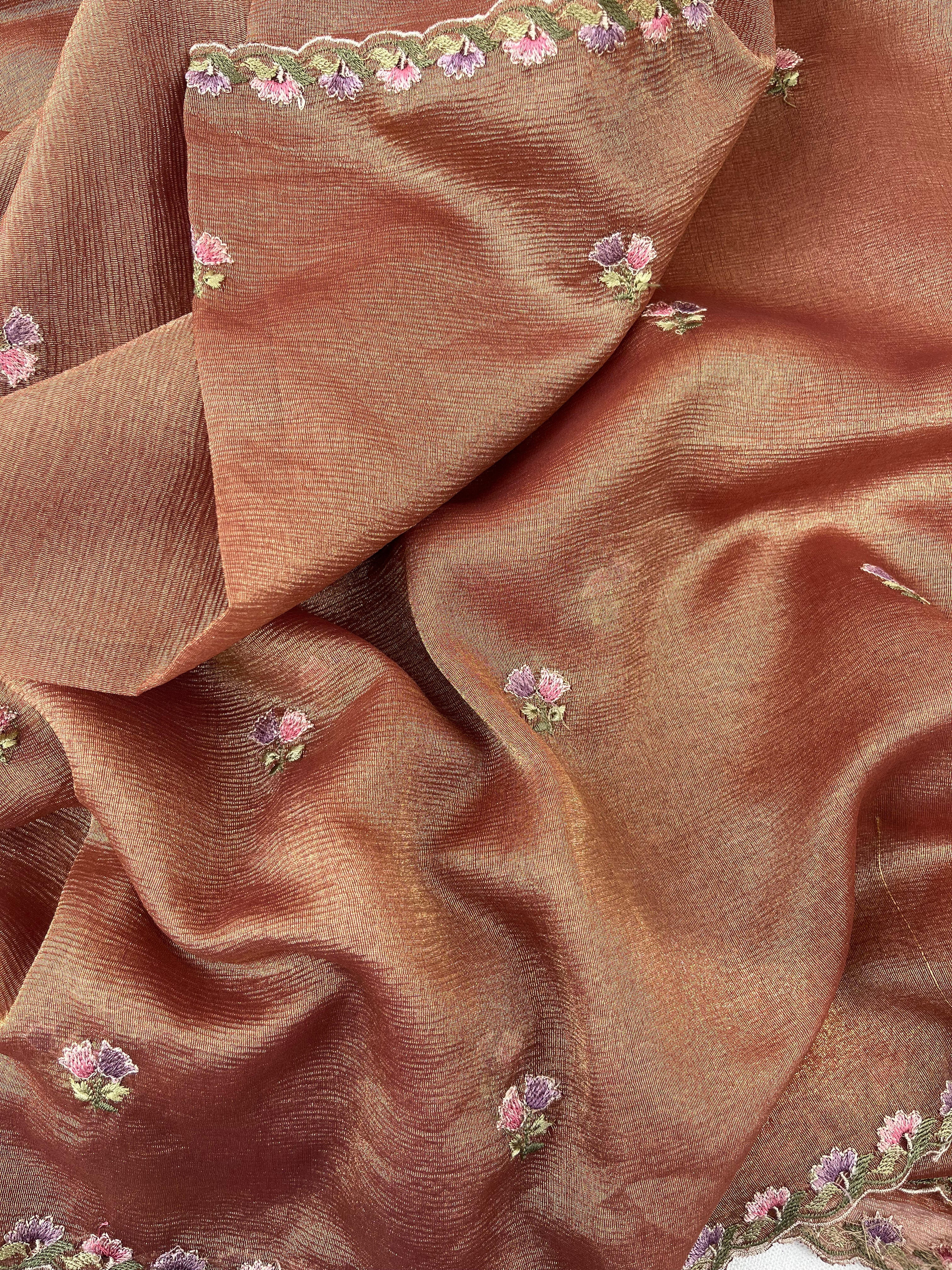 Brown Floral Crushed Tissue Organza Saree