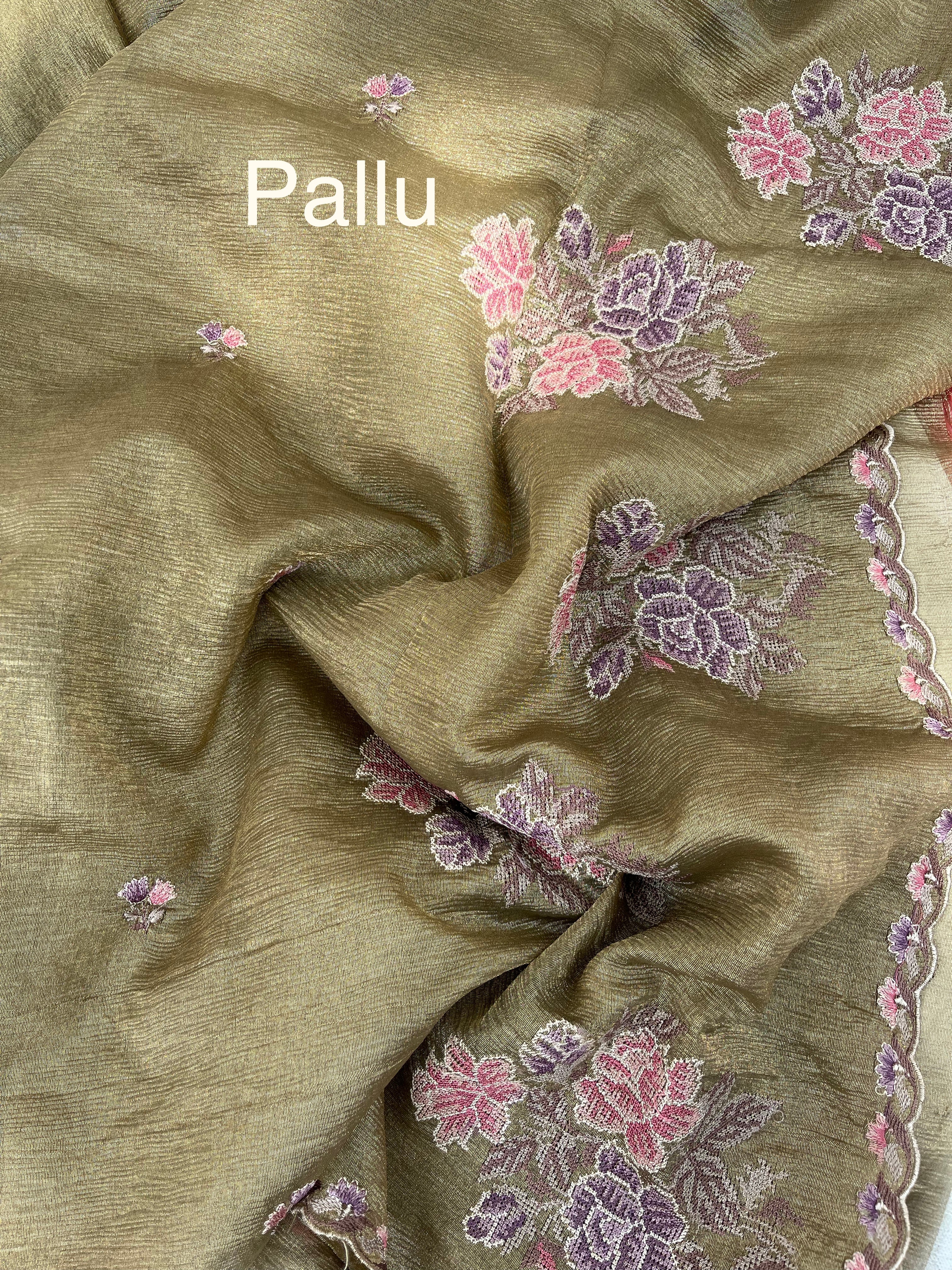 Green Floral Crushed Tissue Organza Saree