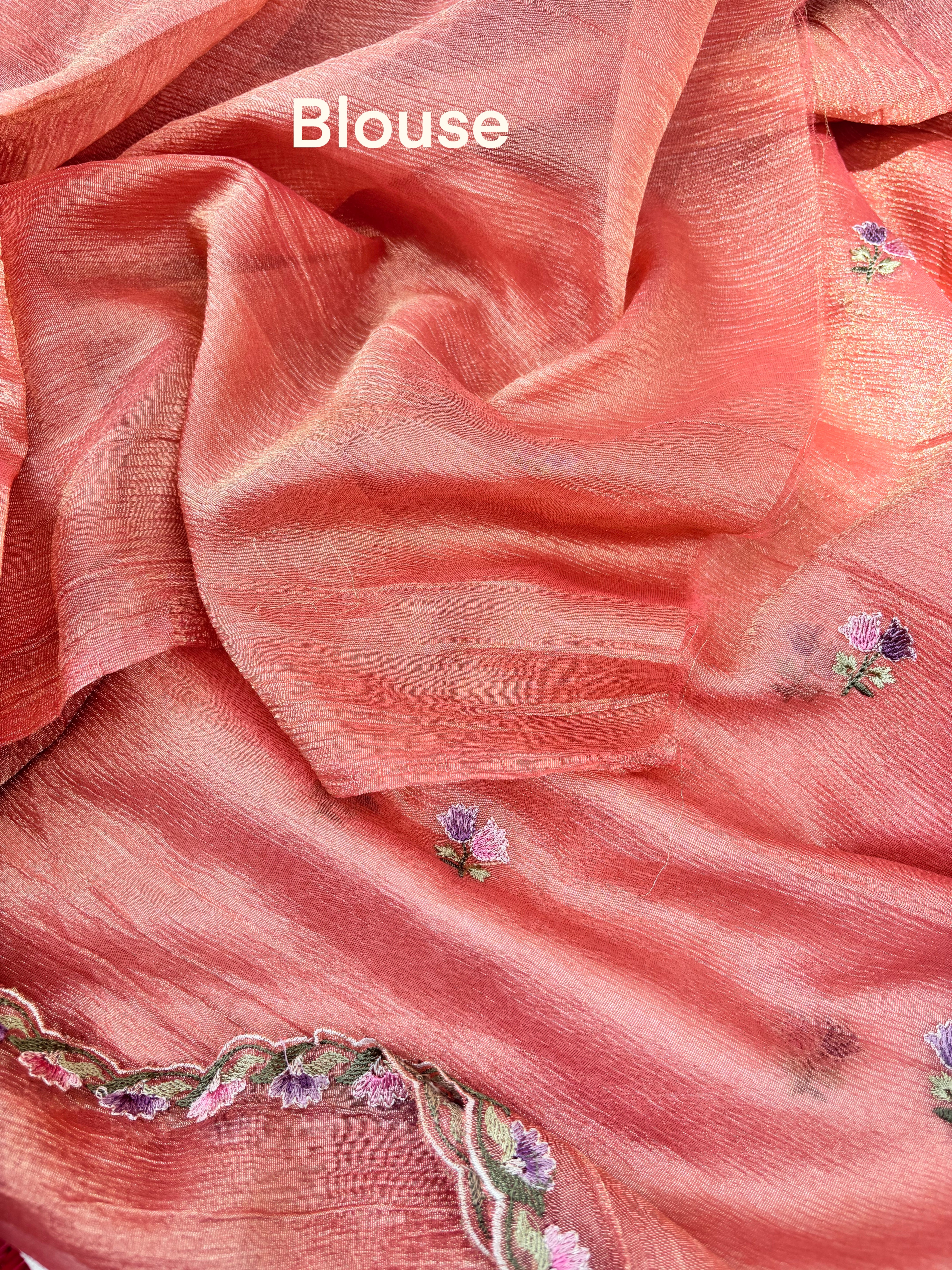 Orange Floral Crushed Tissue Organza Saree