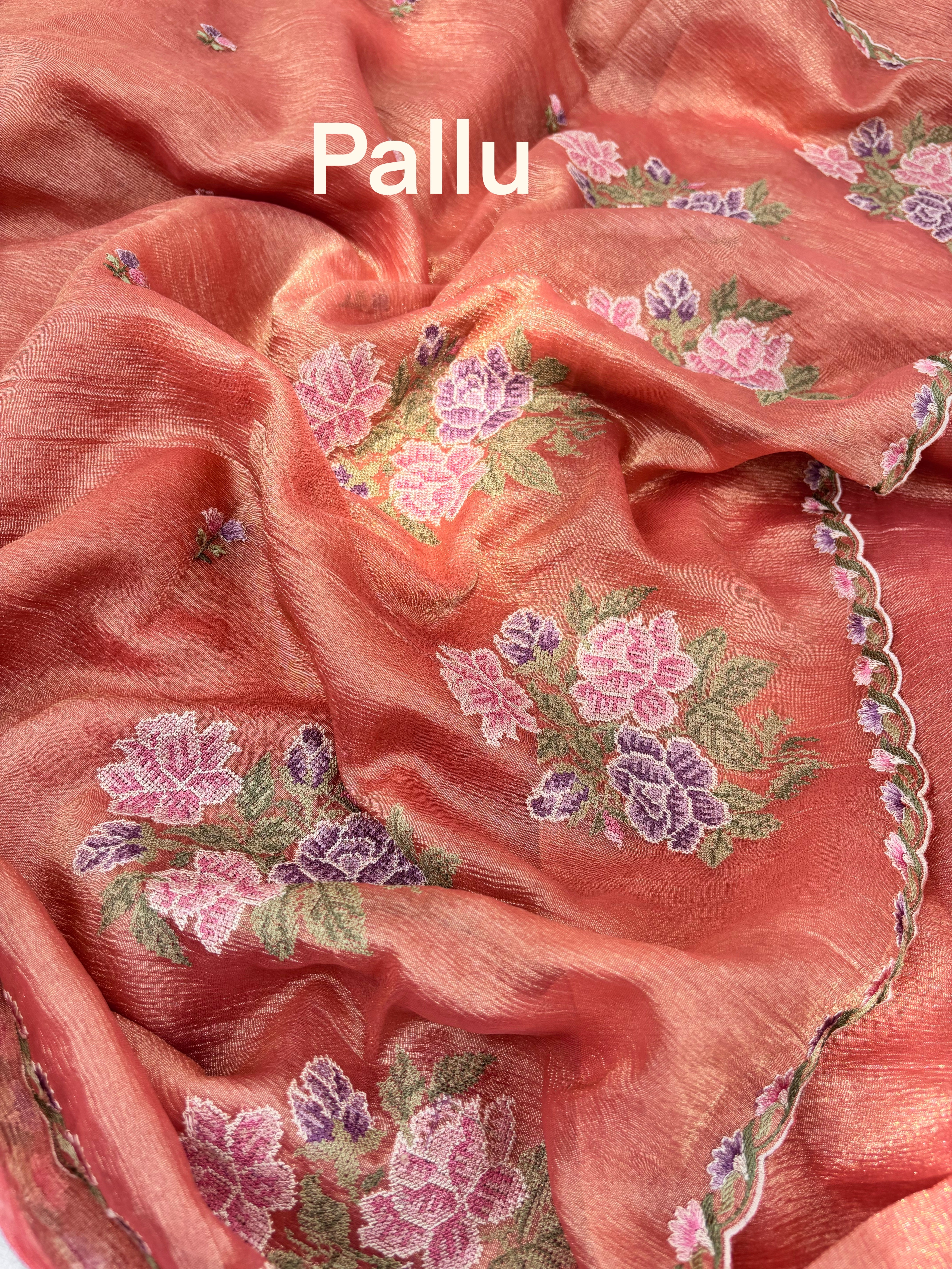 Orange Floral Crushed Tissue Organza Saree