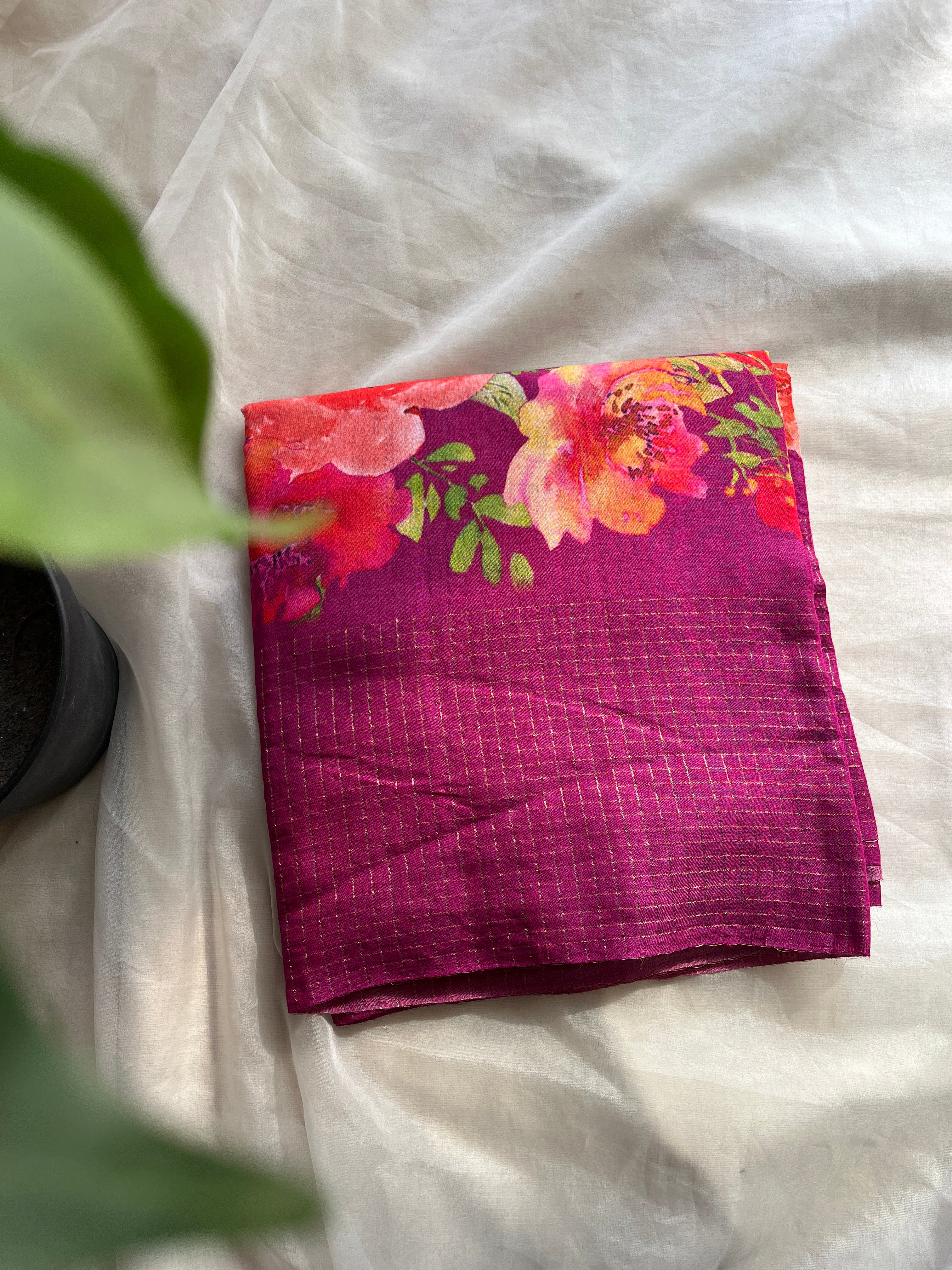 Magenta Floral soft tussar saree