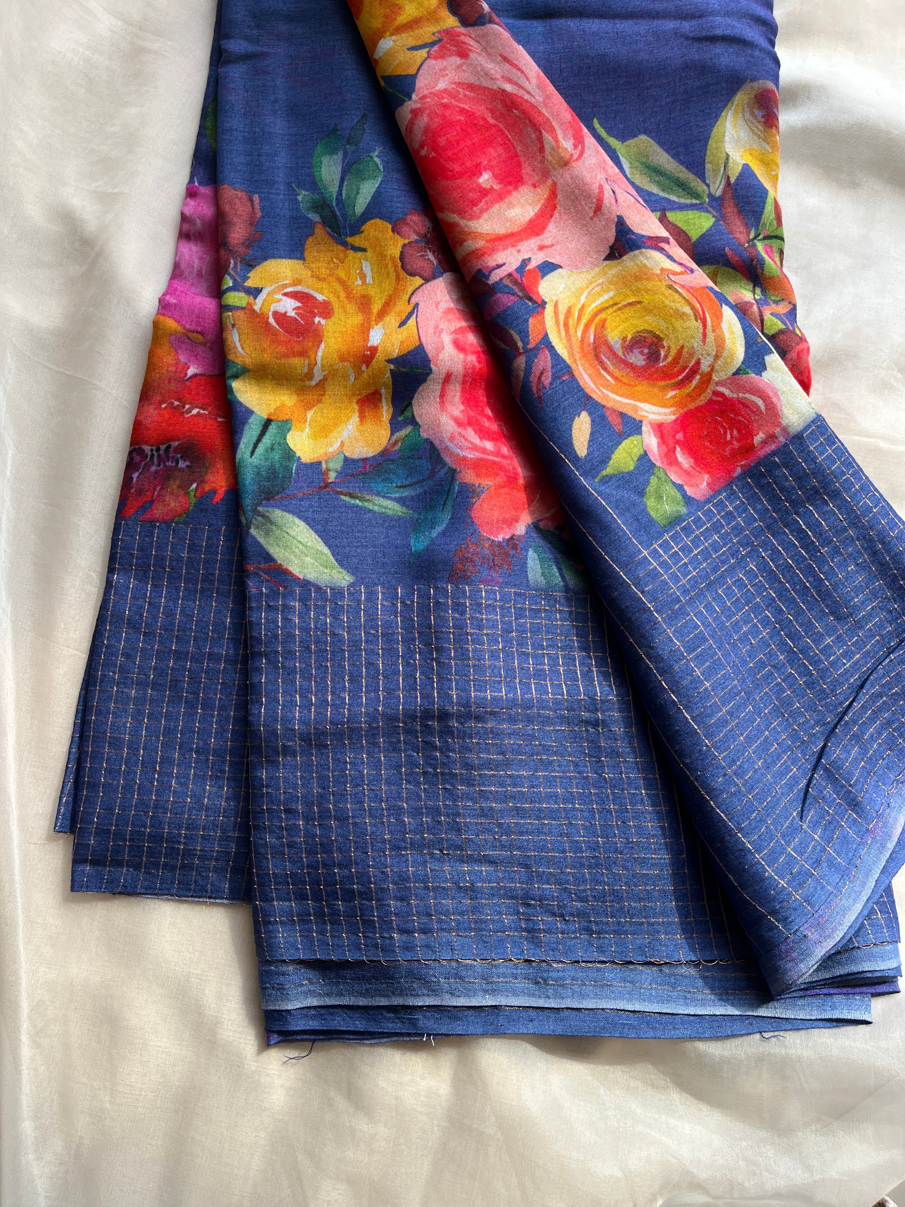 Cobalt blue Floral soft tussar saree