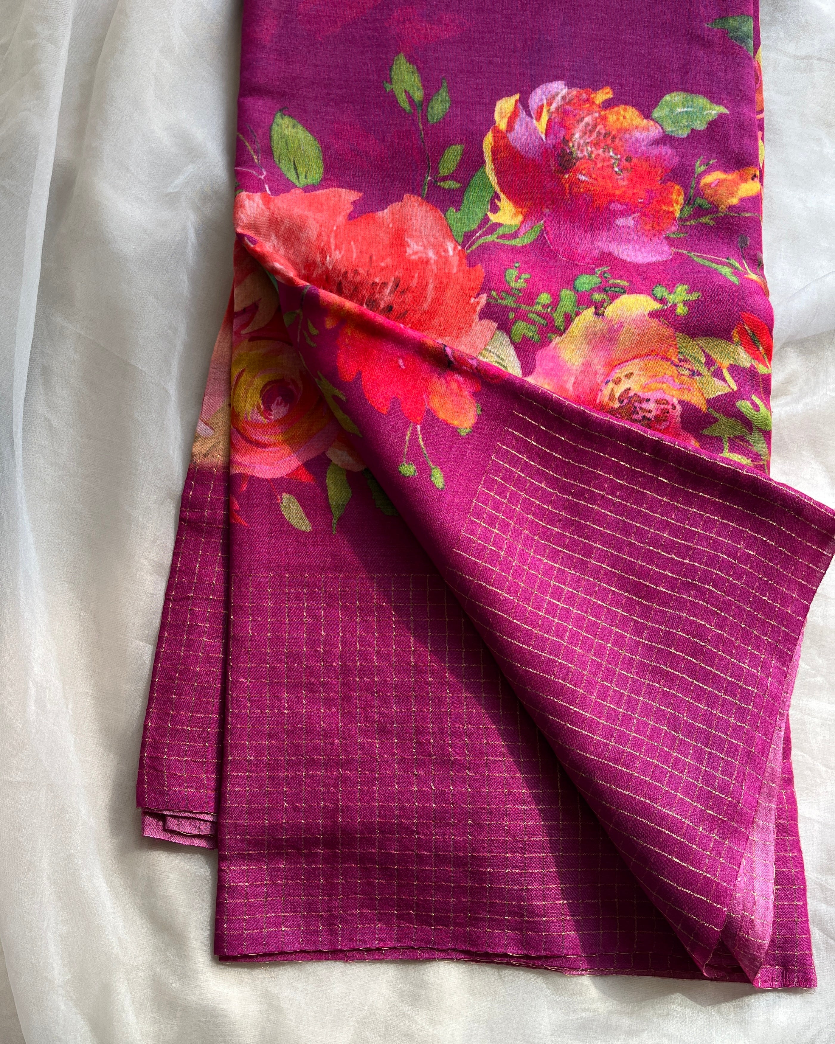 Magenta Floral soft tussar saree