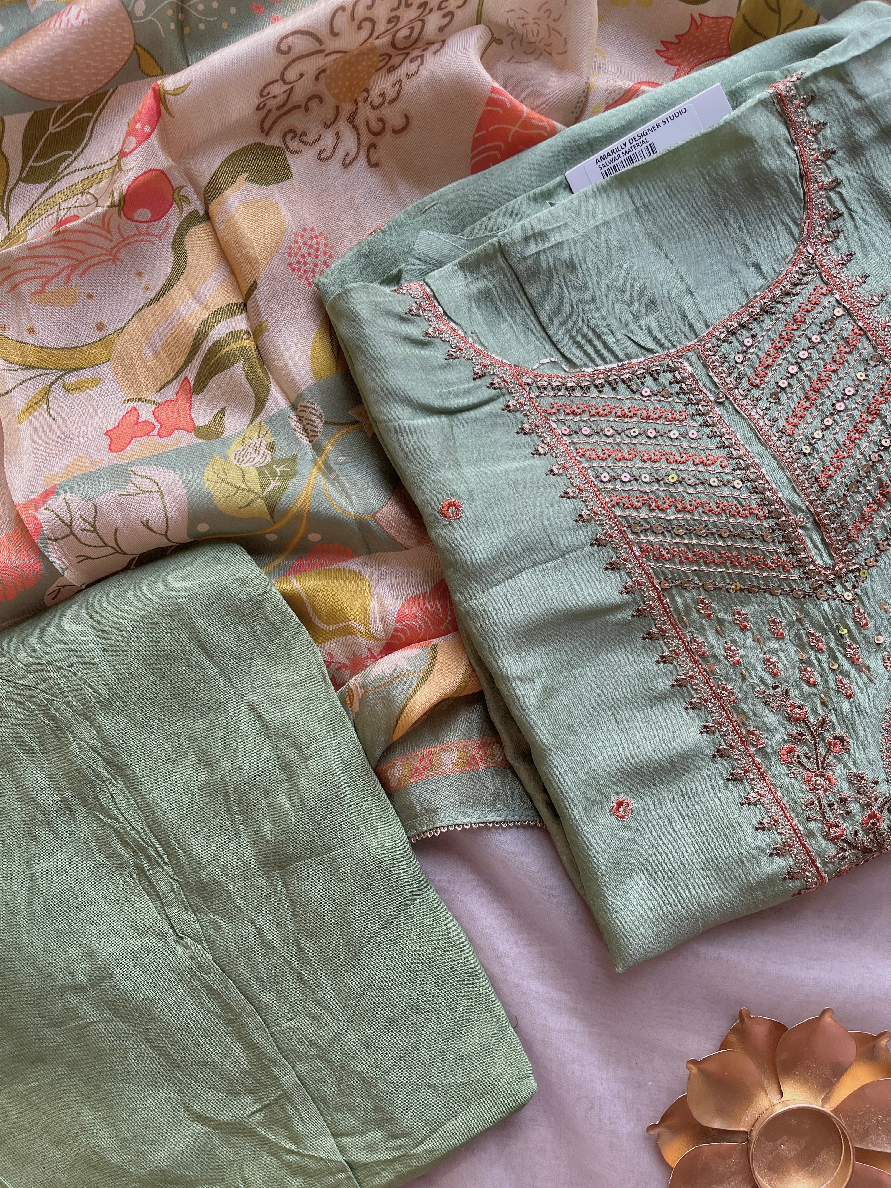 Pista Green Chinnon Unstitched salwar set