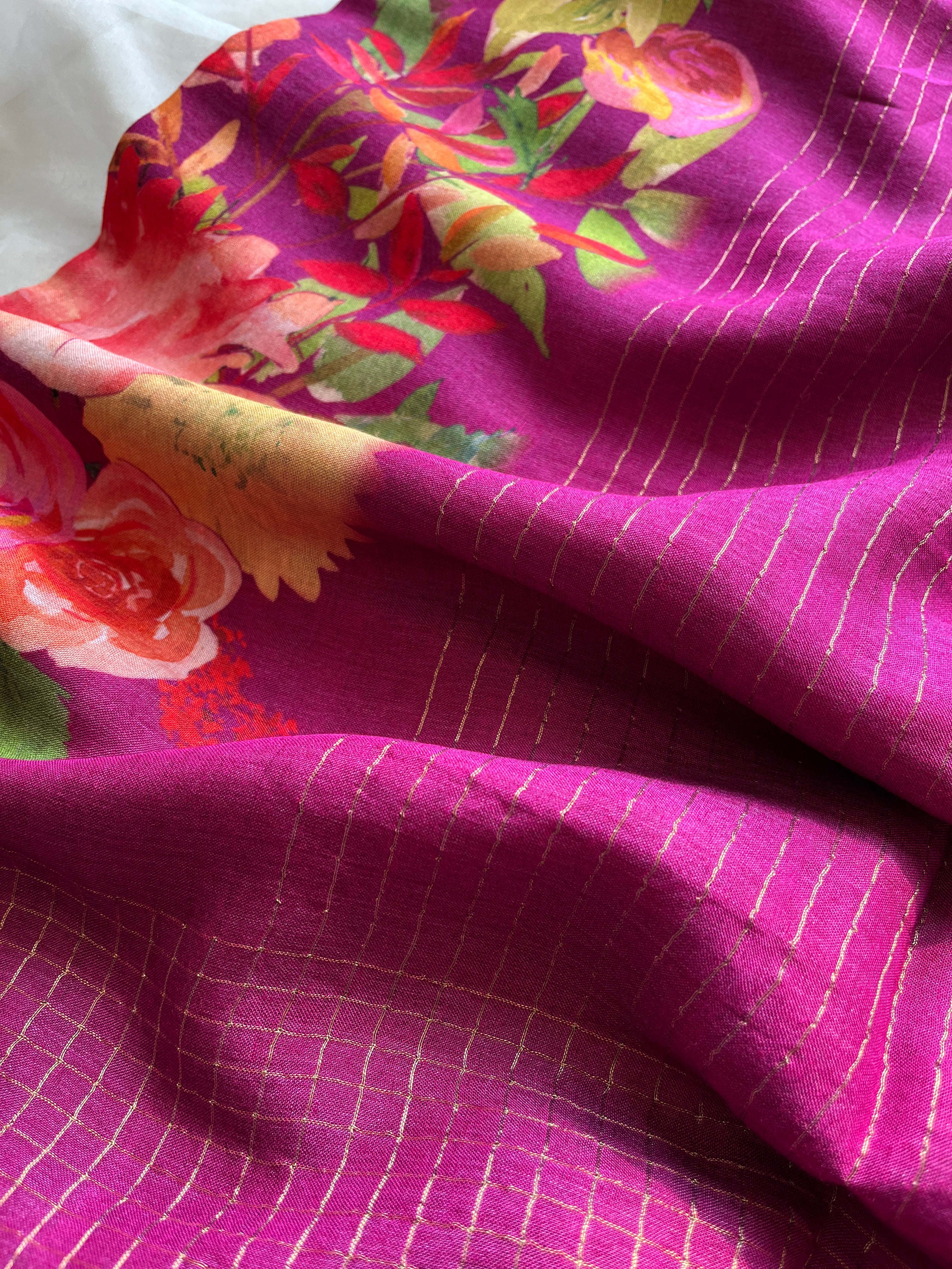 Magenta Floral soft tussar saree