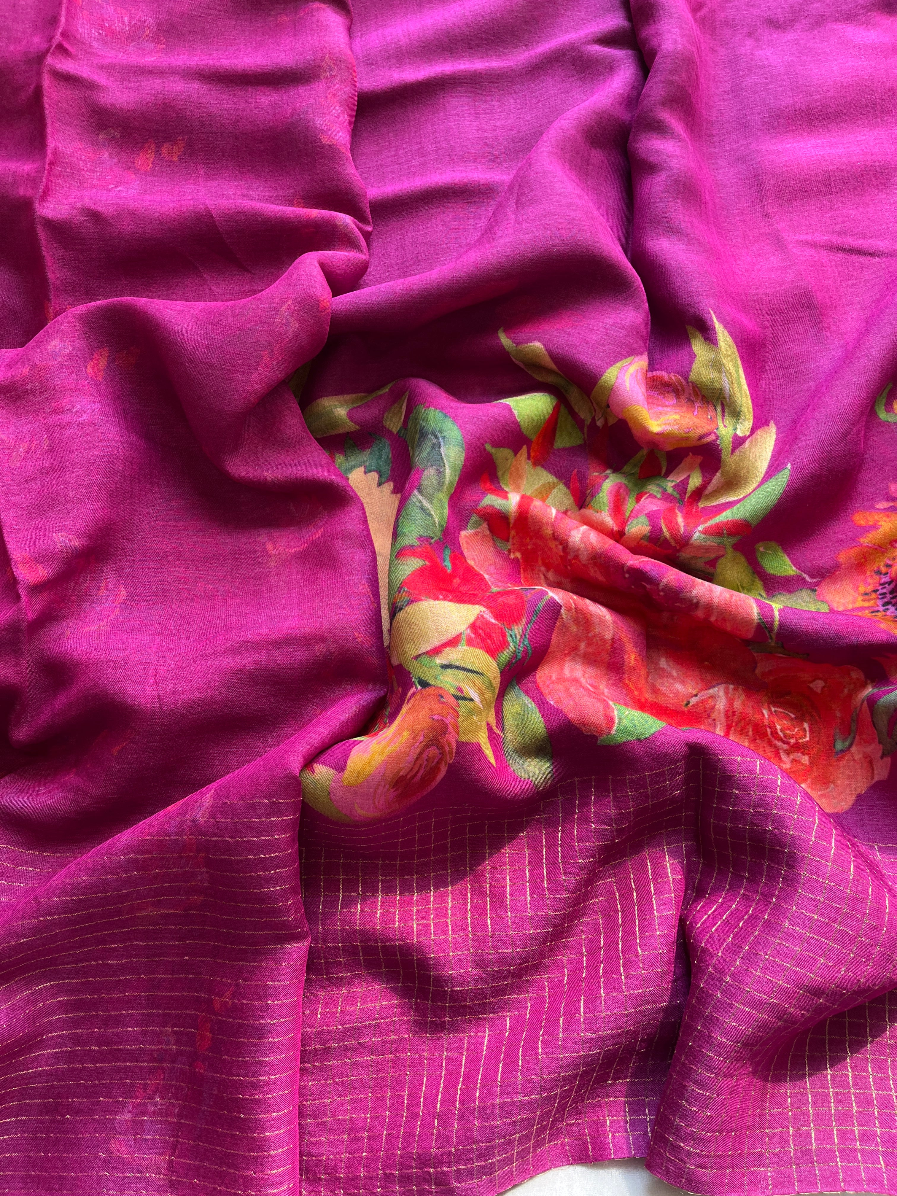 Magenta Floral soft tussar saree