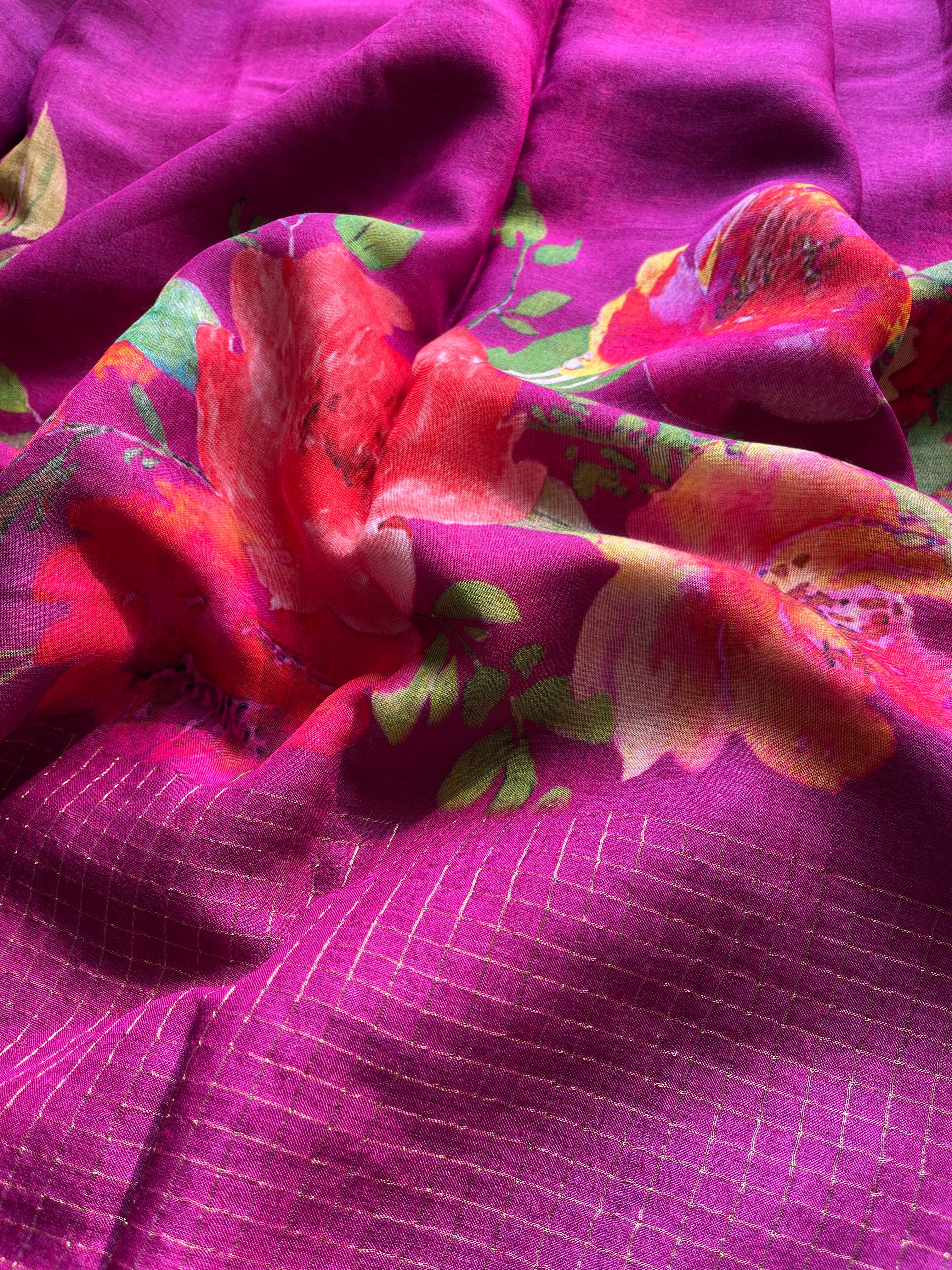 Magenta Floral soft tussar saree