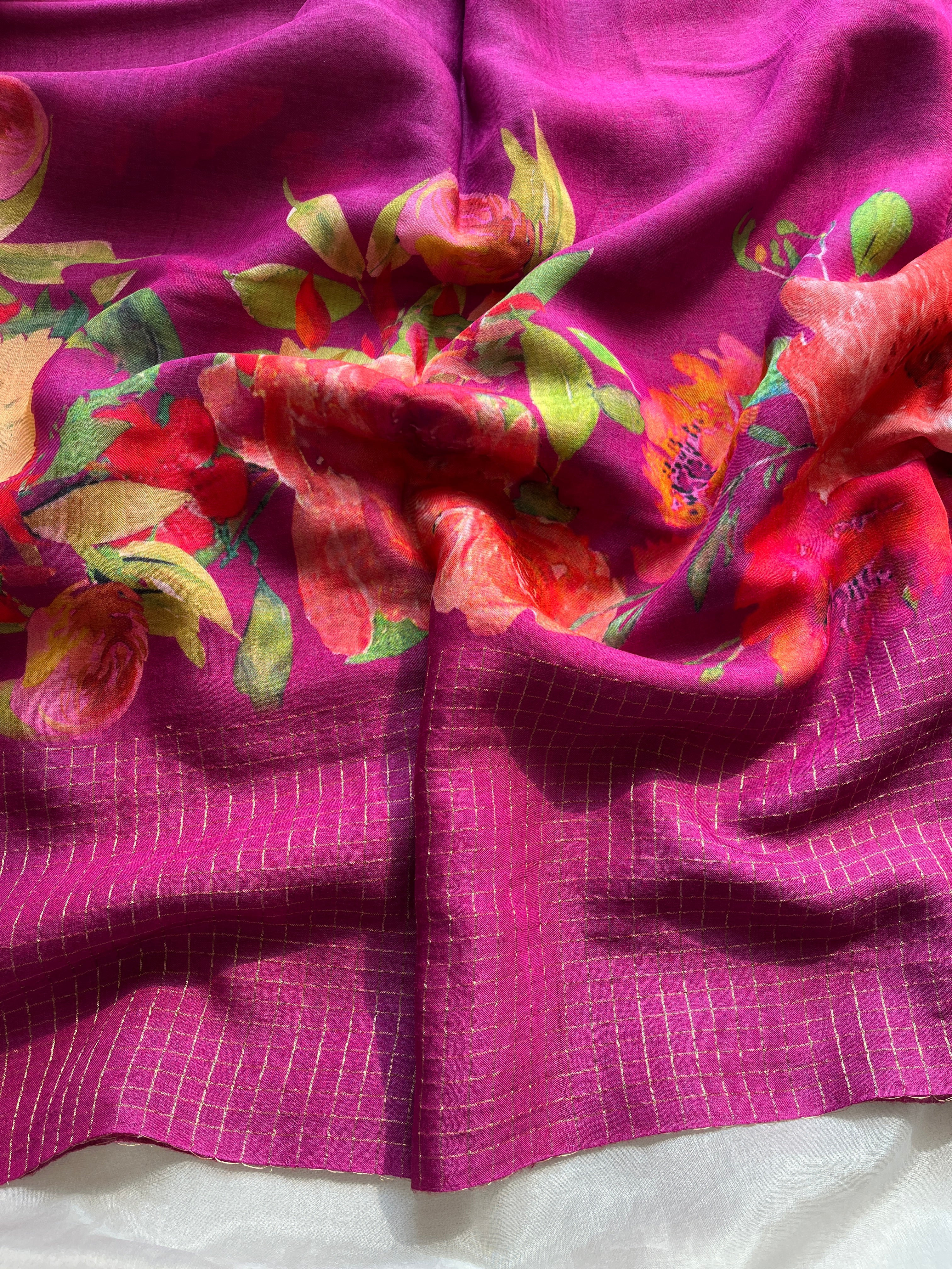Magenta Floral soft tussar saree