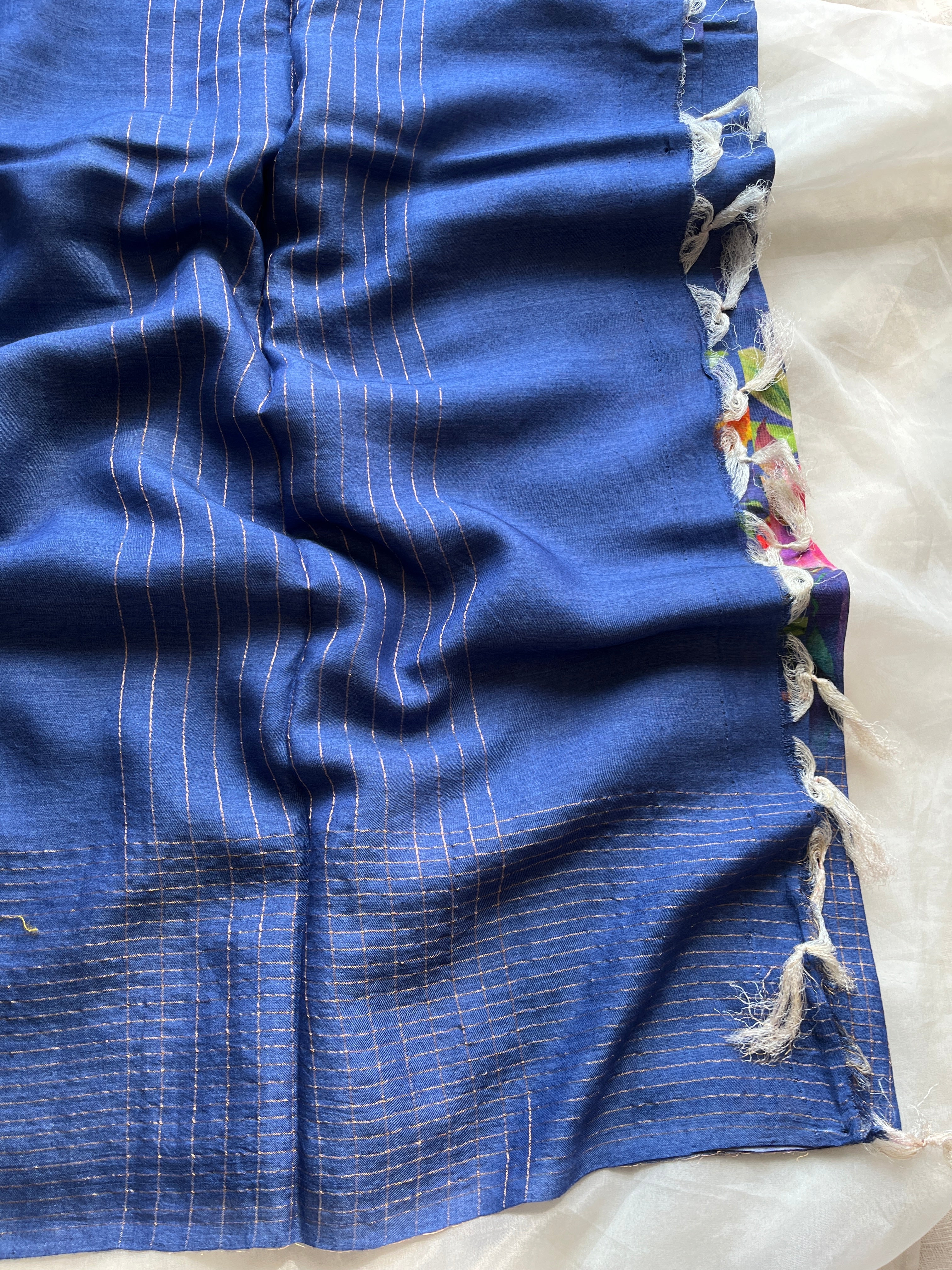 Cobalt blue Floral soft tussar saree