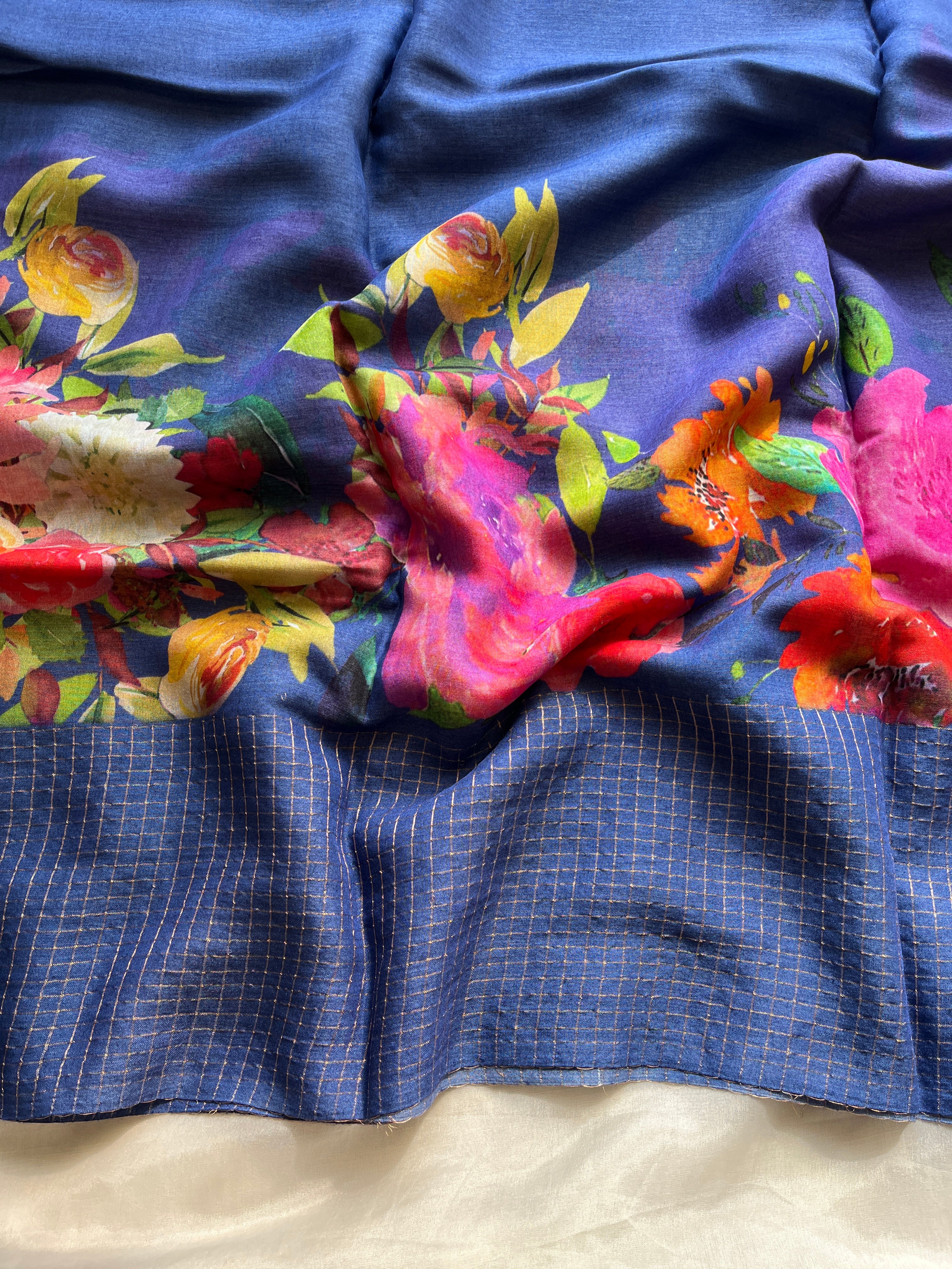 Cobalt blue Floral soft tussar saree