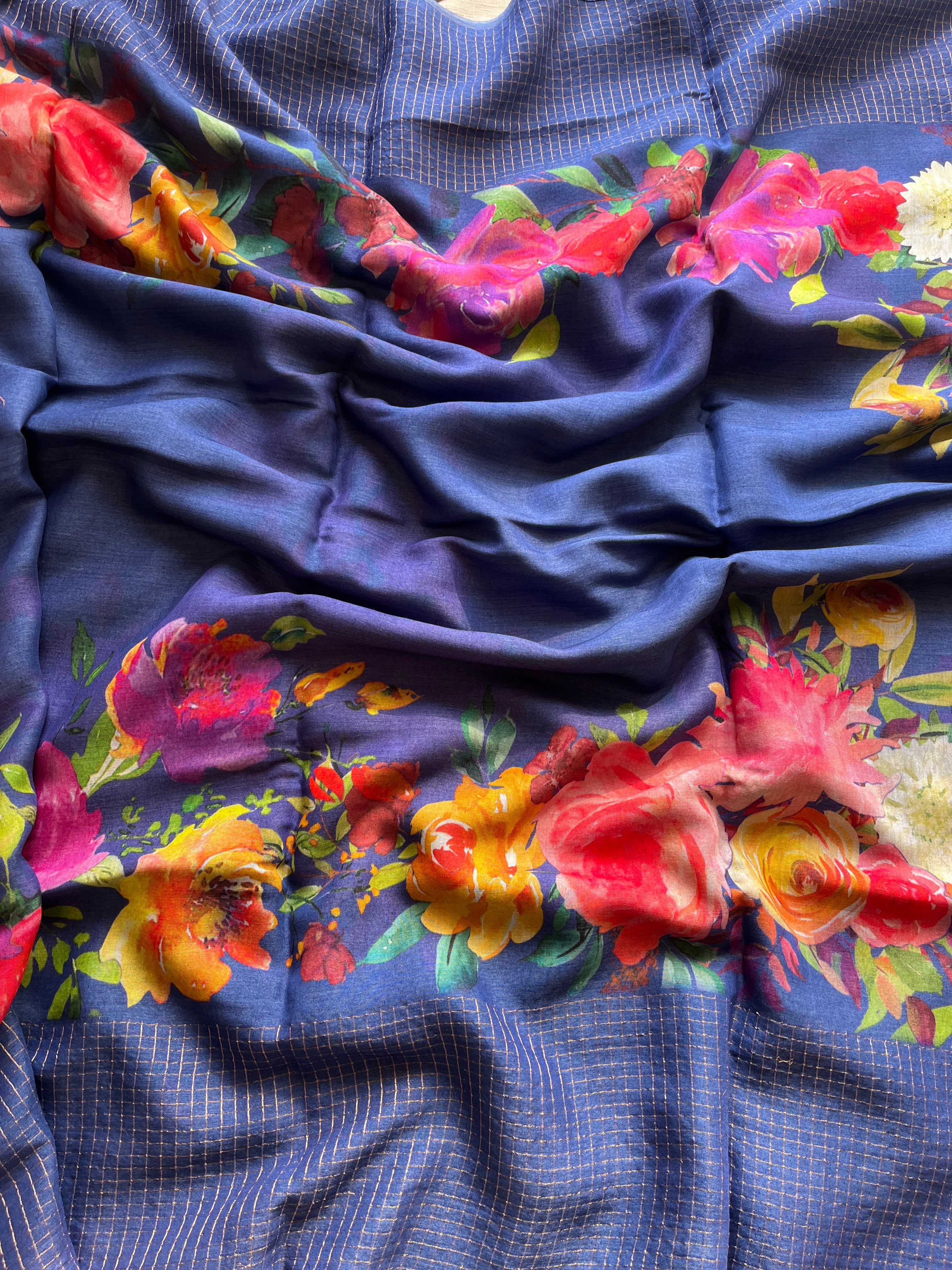 Cobalt blue Floral soft tussar saree