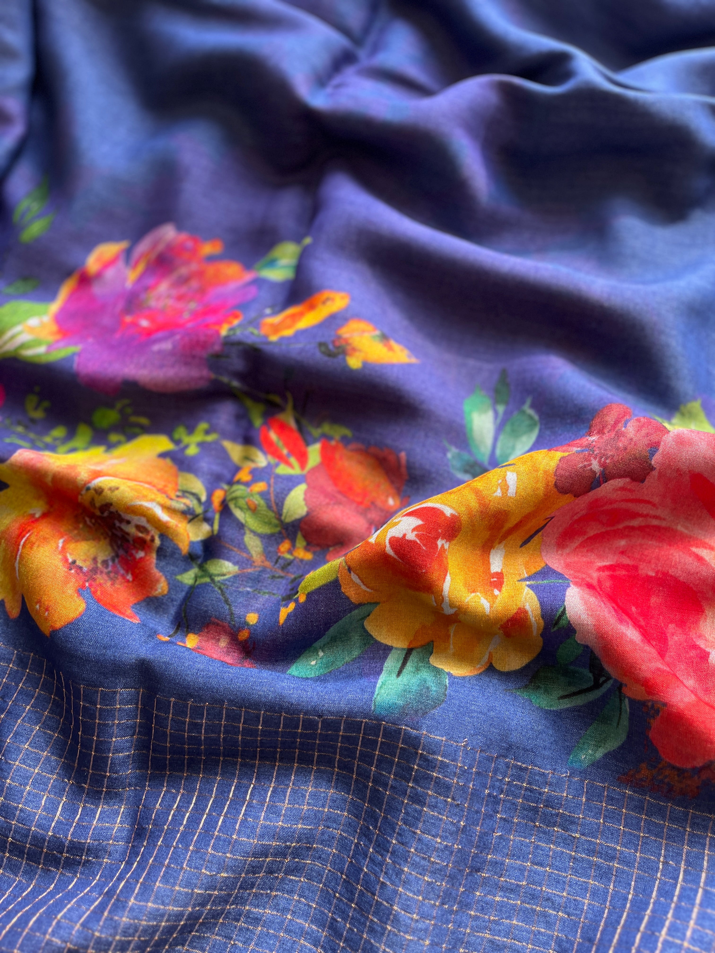 Cobalt blue Floral soft tussar saree