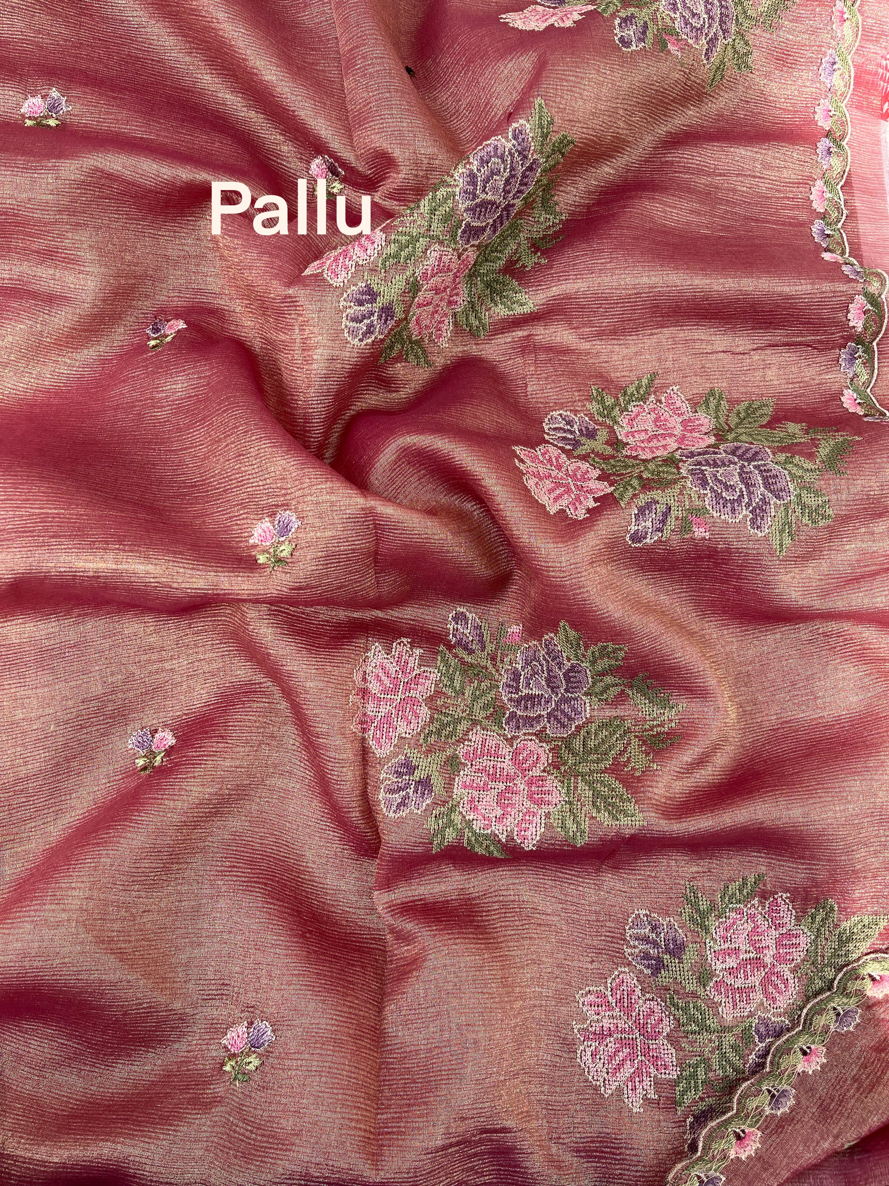 Pink Floral Crushed Tissue Organza Saree