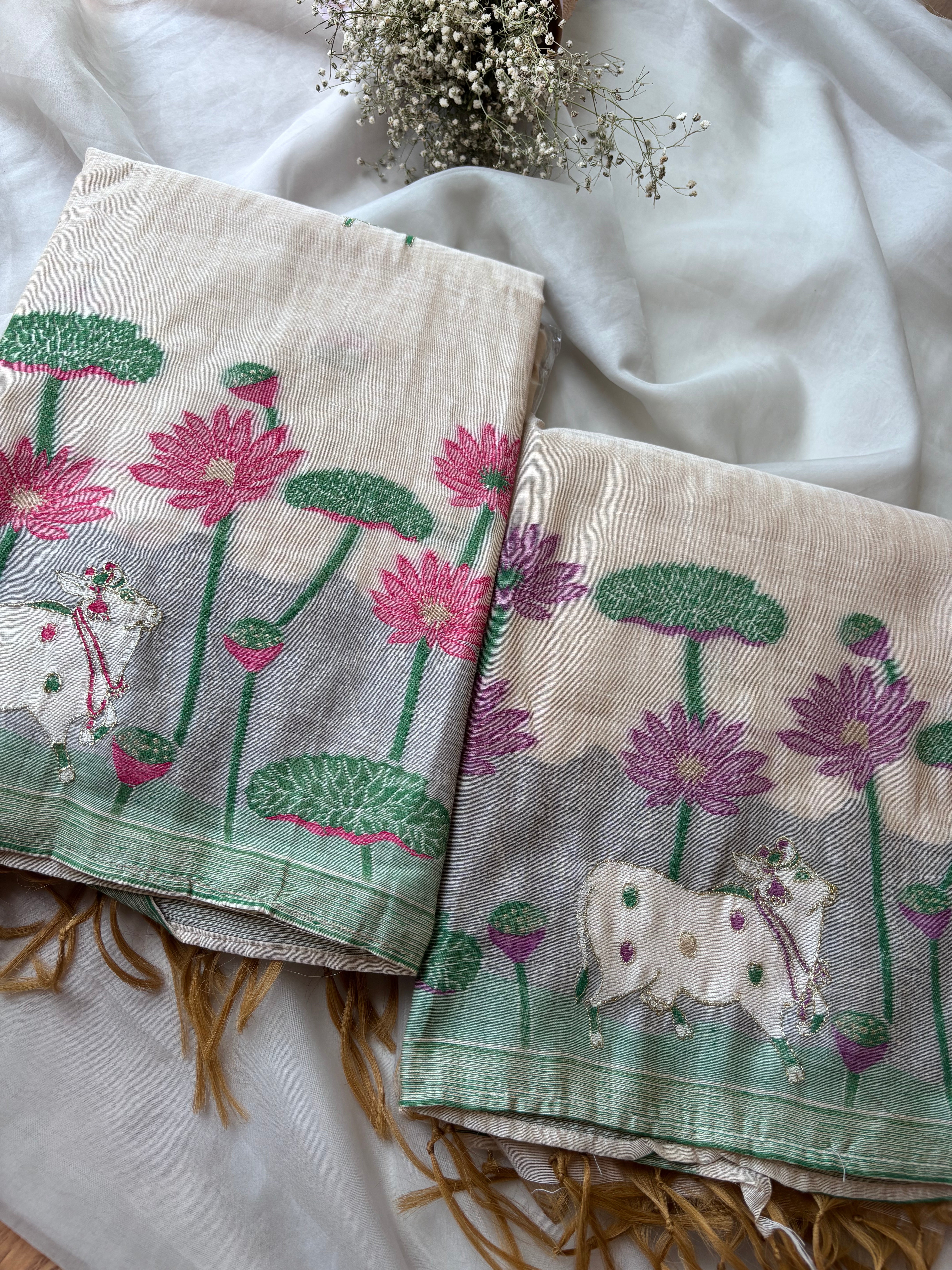 Half White with pink Chanderi Cotton Unstitched Salwar Set