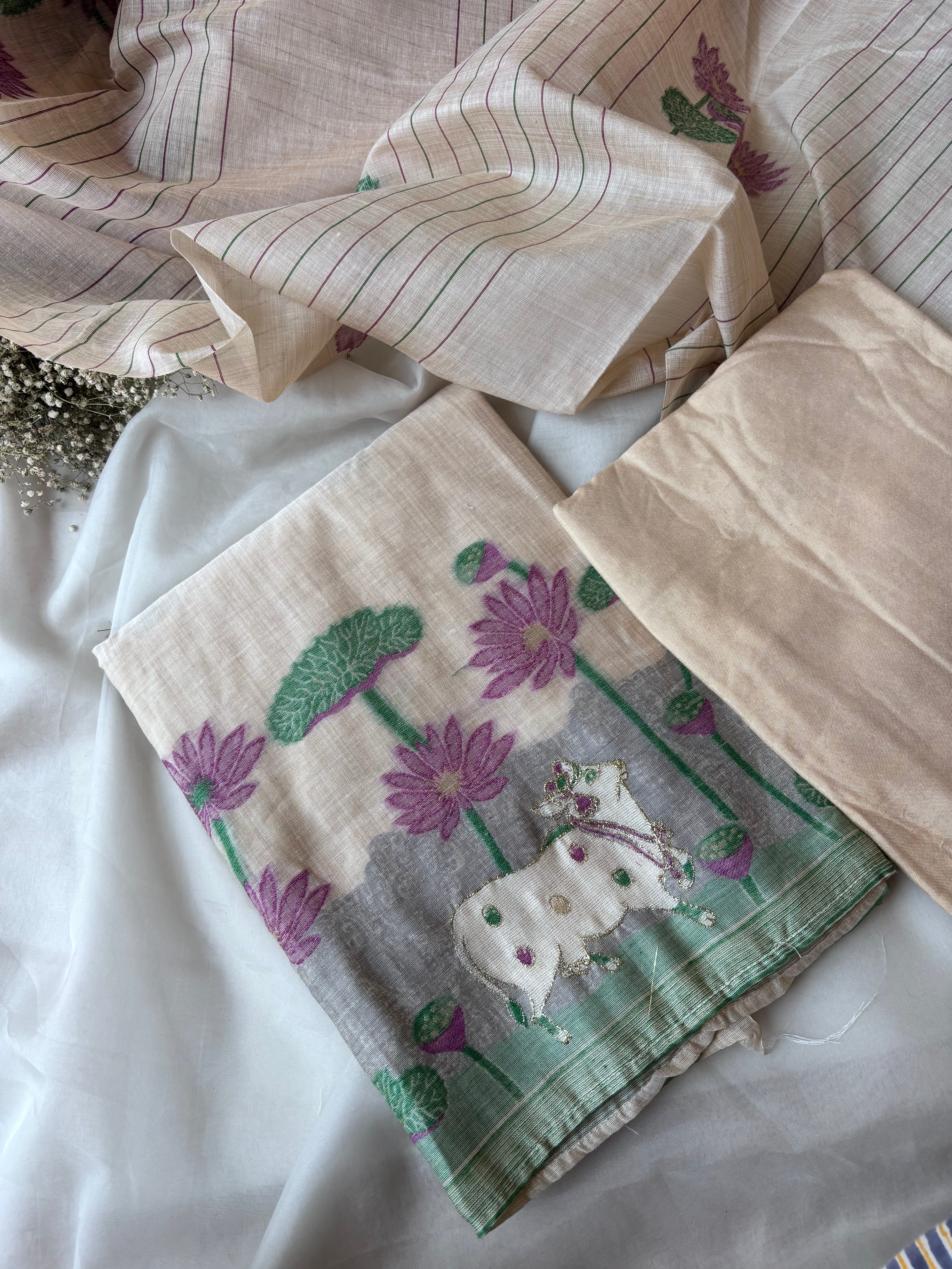 Half White with Lavender Chanderi Cotton Unstitched Salwar Set