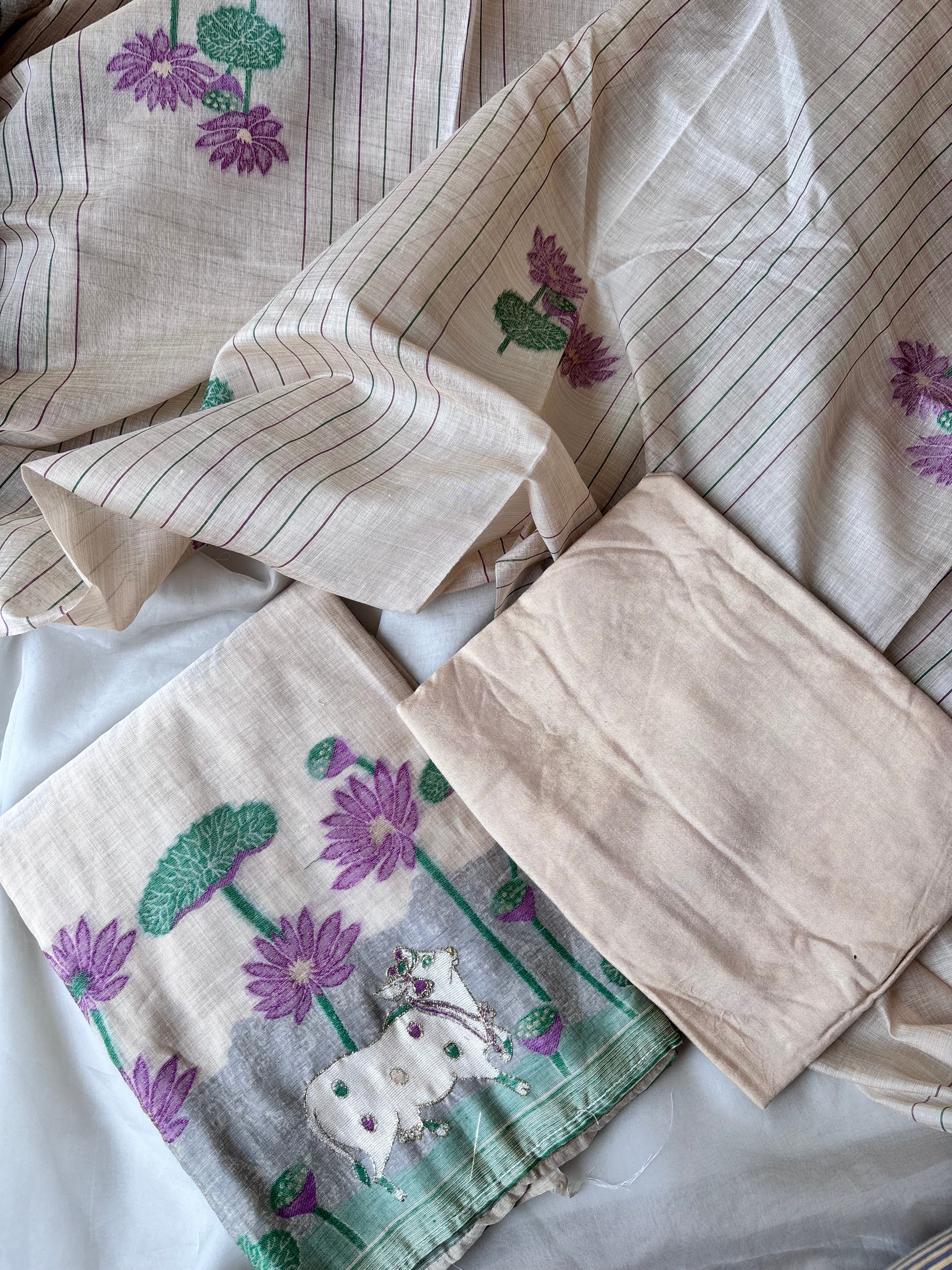 Half White with Lavender Chanderi Cotton Unstitched Salwar Set