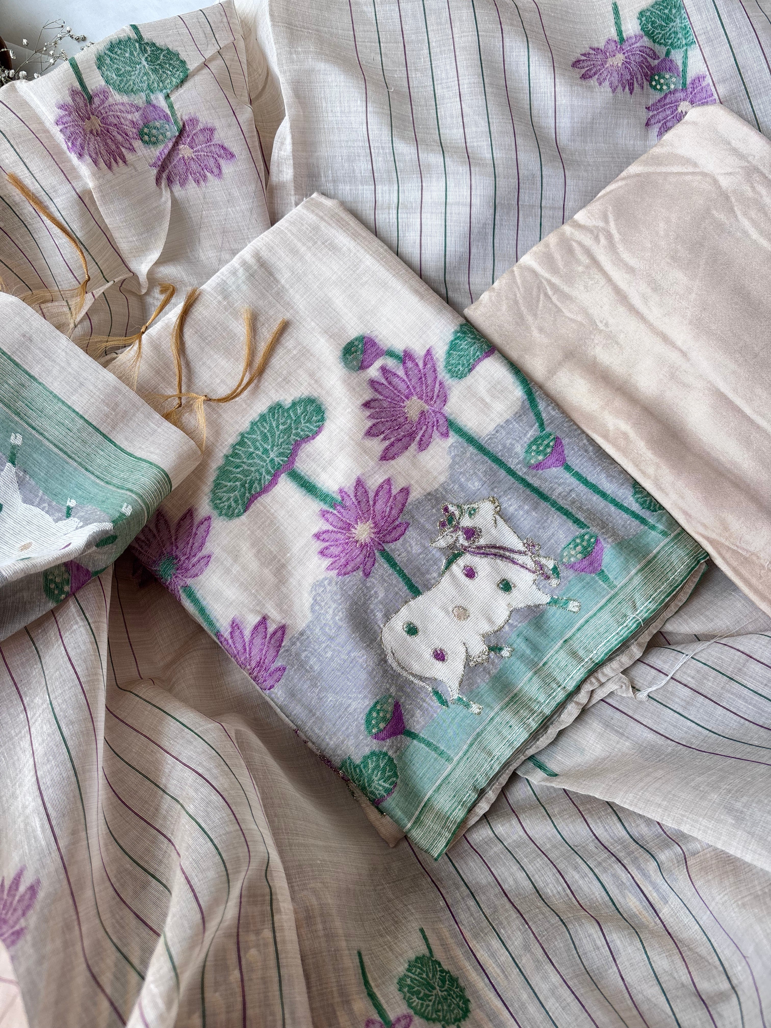 Half White with Lavender Chanderi Cotton Unstitched Salwar Set