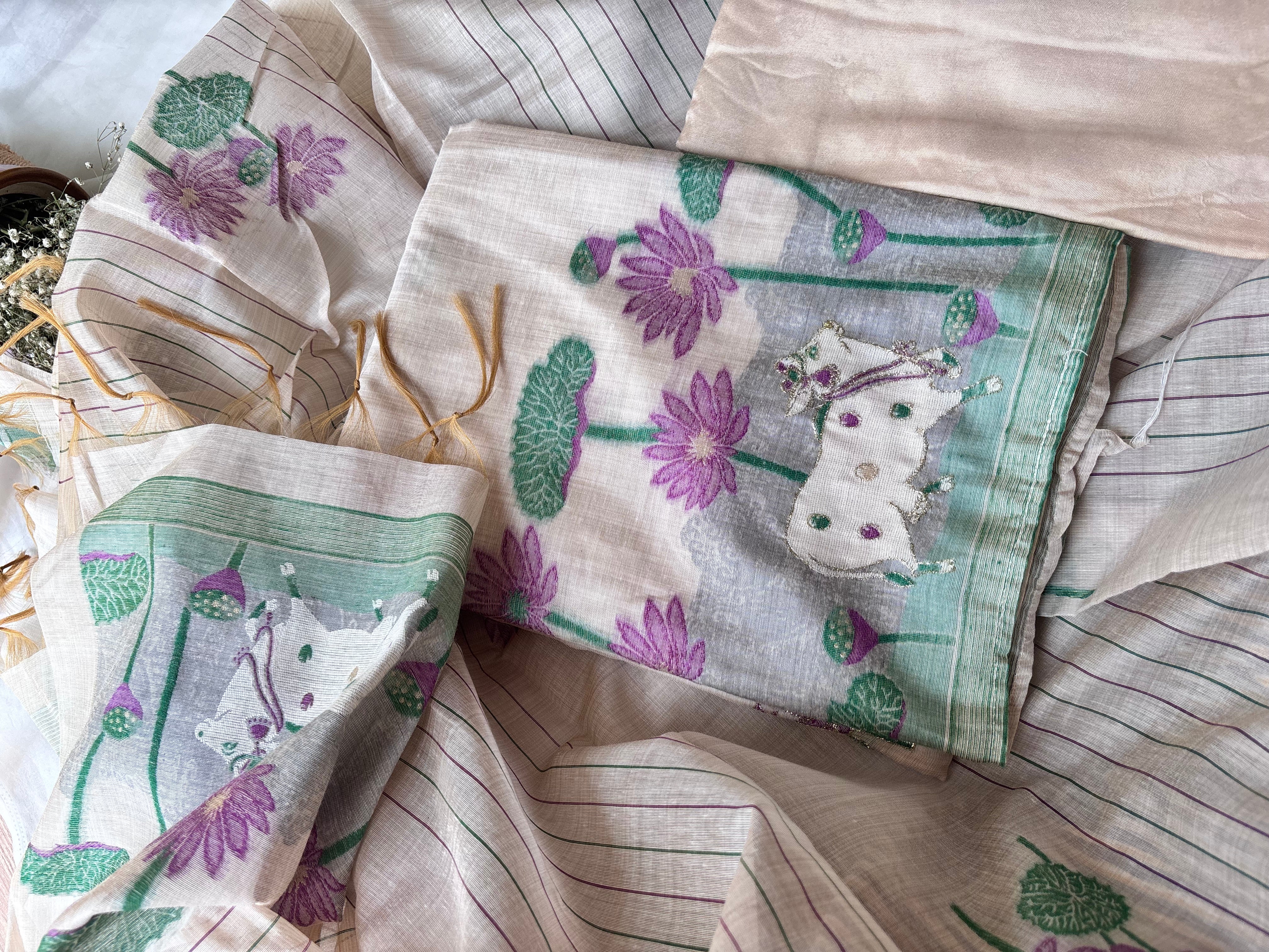 Half White with Lavender Chanderi Cotton Unstitched Salwar Set