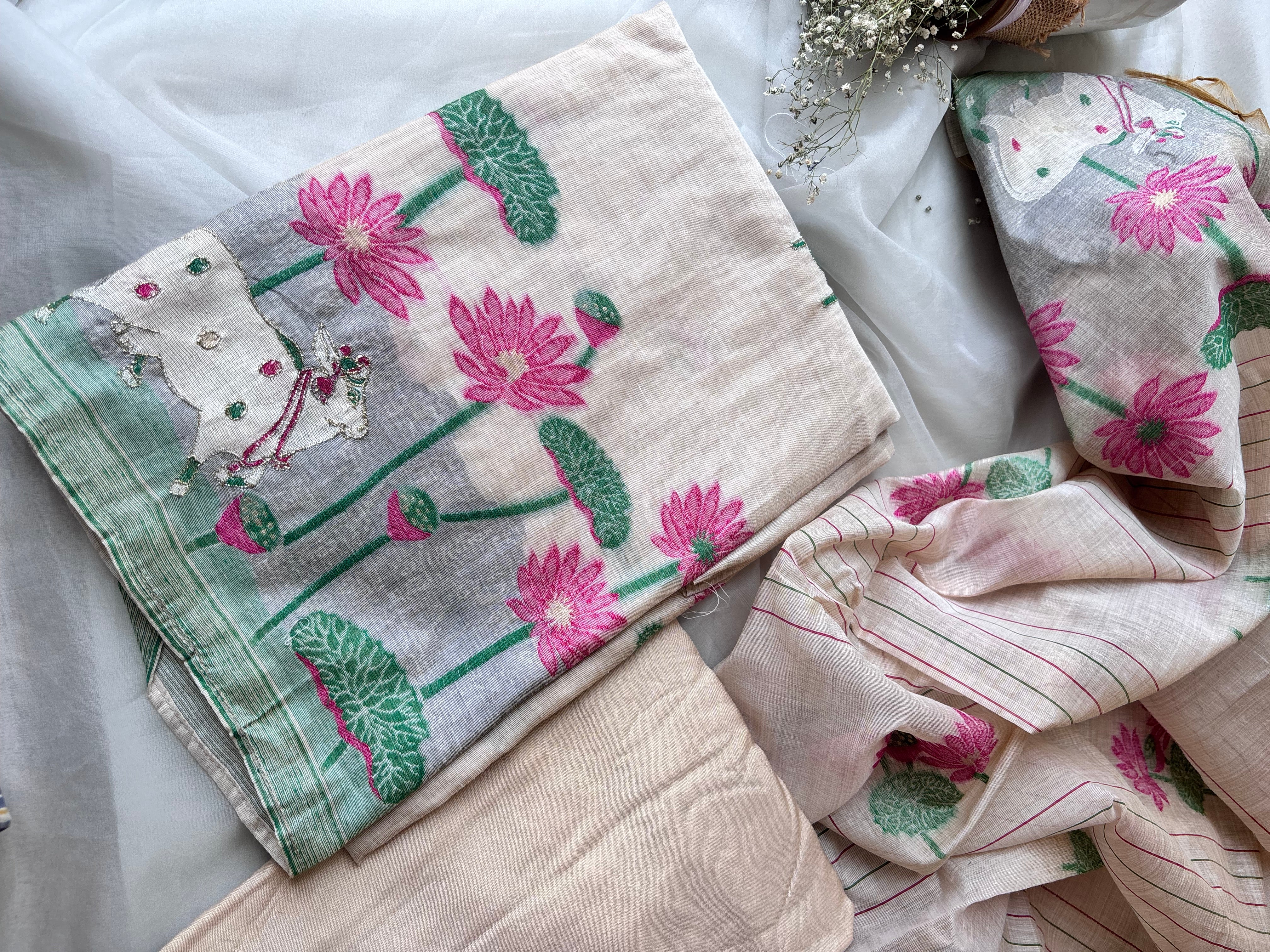 Half White with pink Chanderi Cotton Unstitched Salwar Set