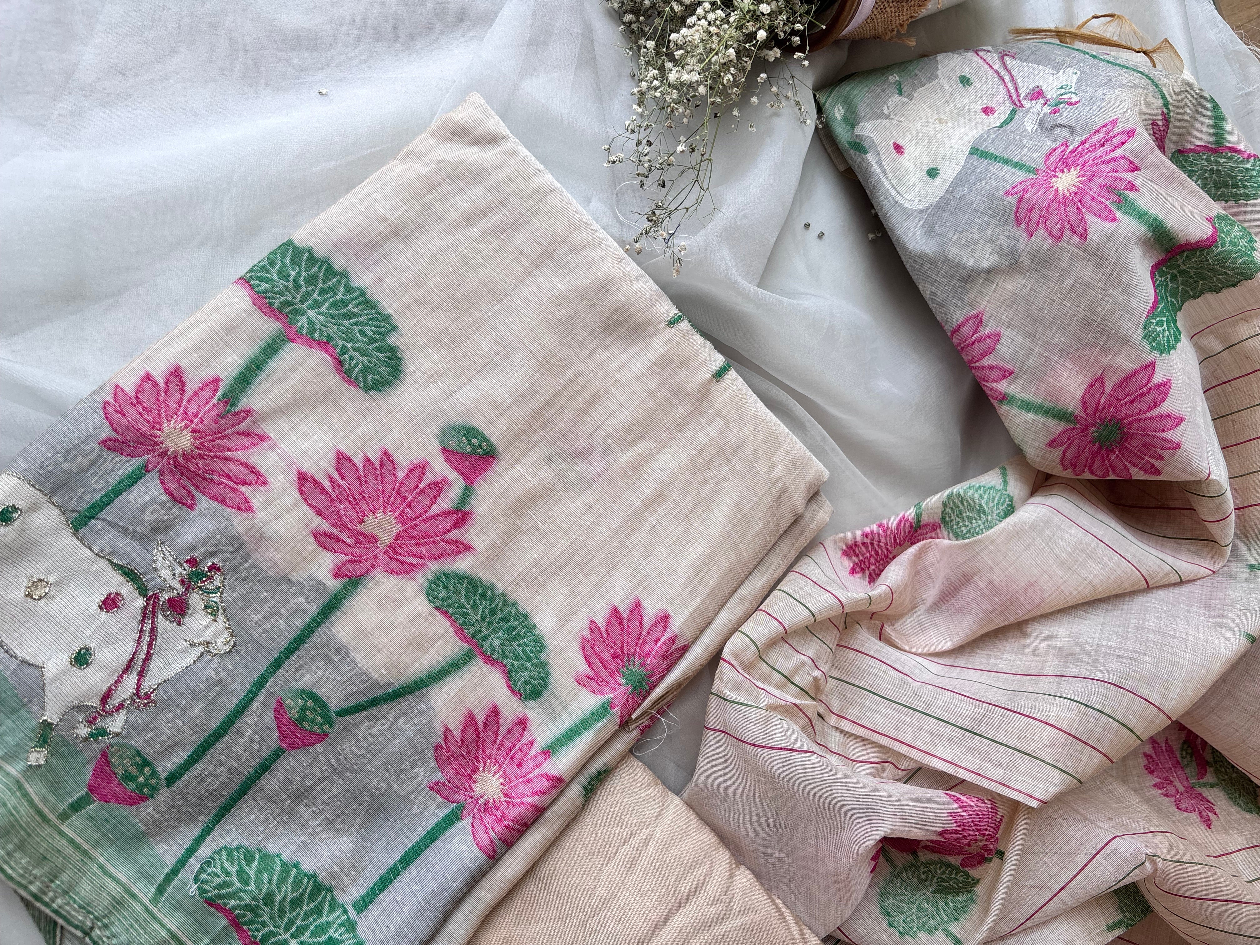 Half White with pink Chanderi Cotton Unstitched Salwar Set